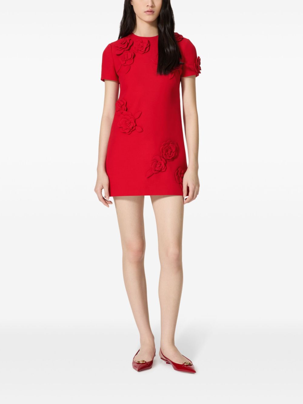 Red Embroidered Crepe Mini Dress with Pink Detail
