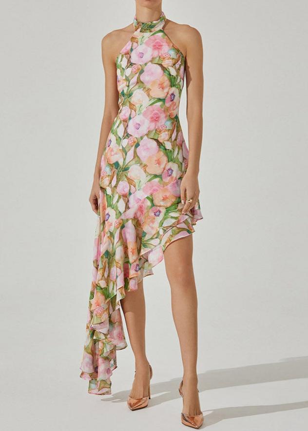 Pink Green Asymmetric Floral Halter Midi Dress - Stylish Comfort