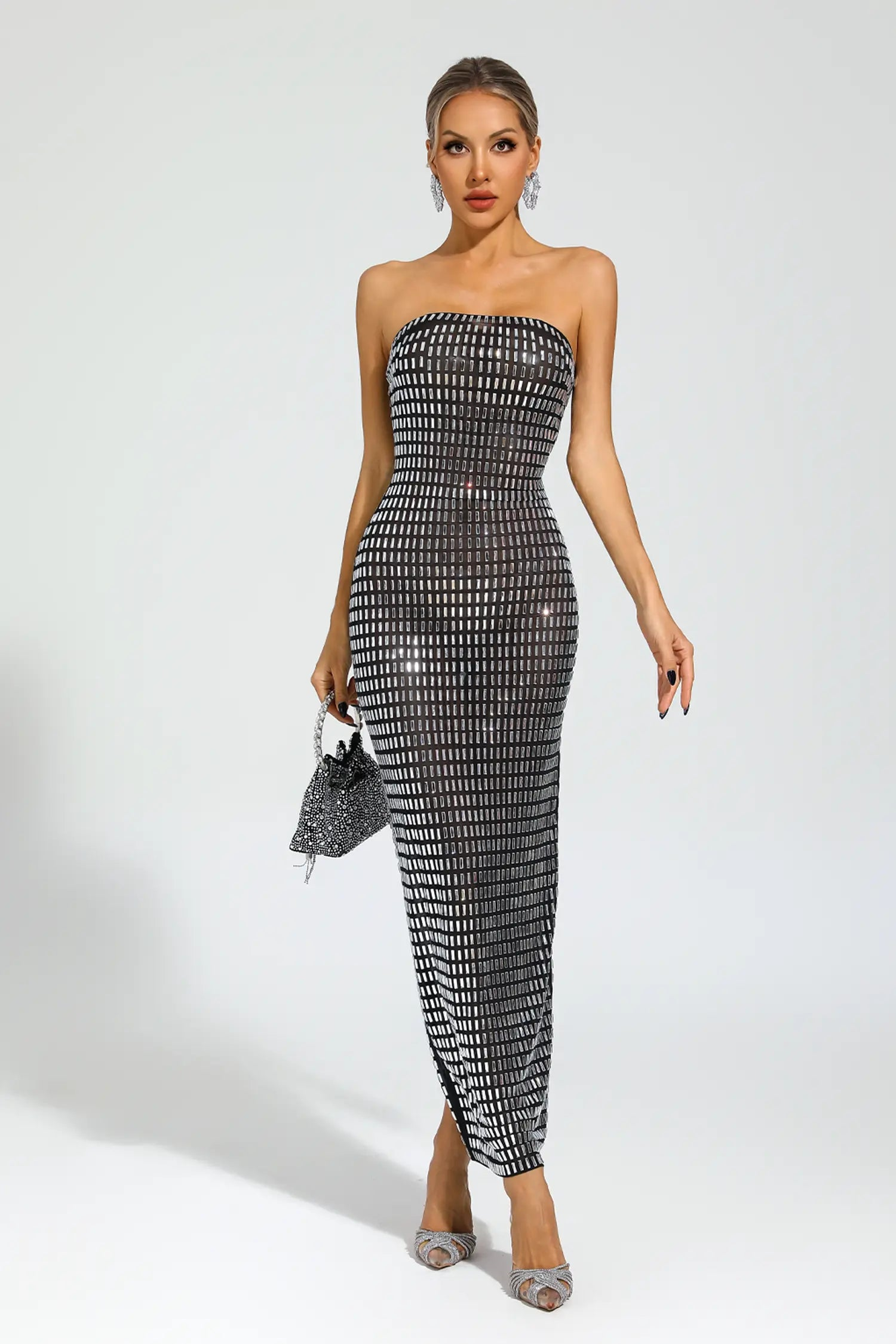 Black Off-Shoulder Diamond Embellished Maxi Dress