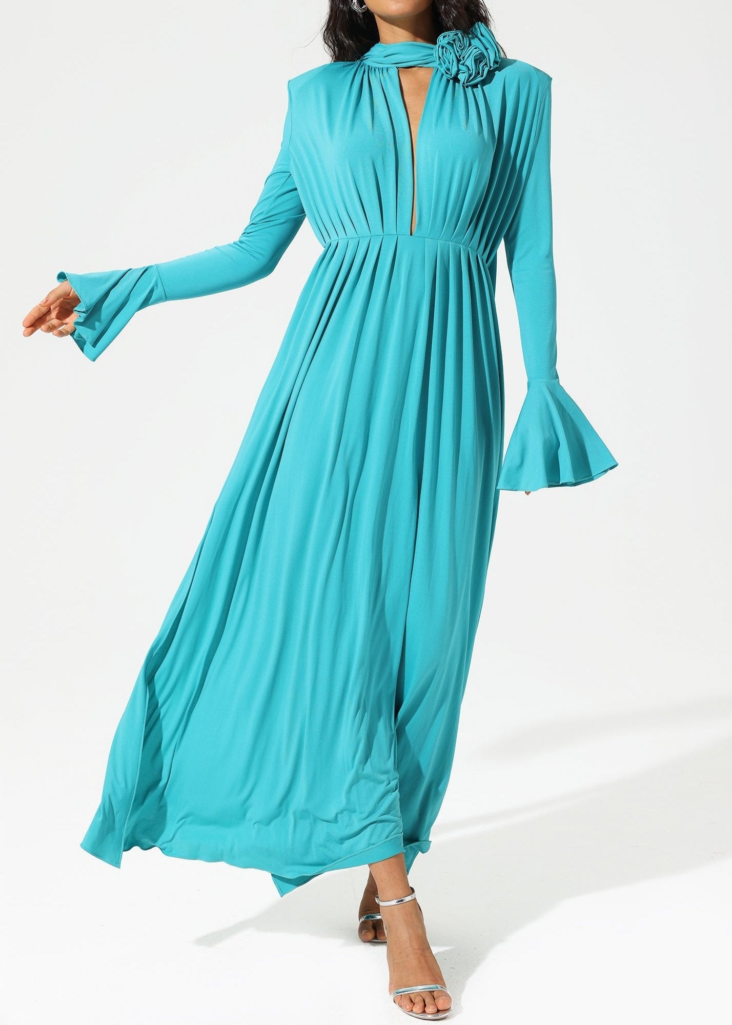 Blue Floral Lantern Sleeve High Collar Midi Dress