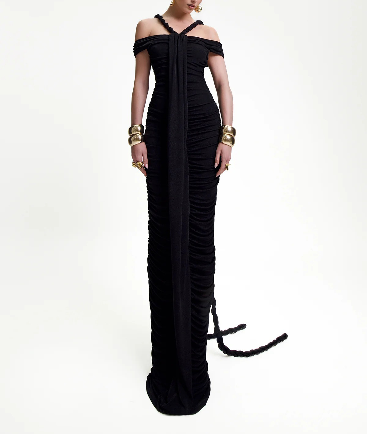 Black Braided Maxi Dress with Ruched Detailing