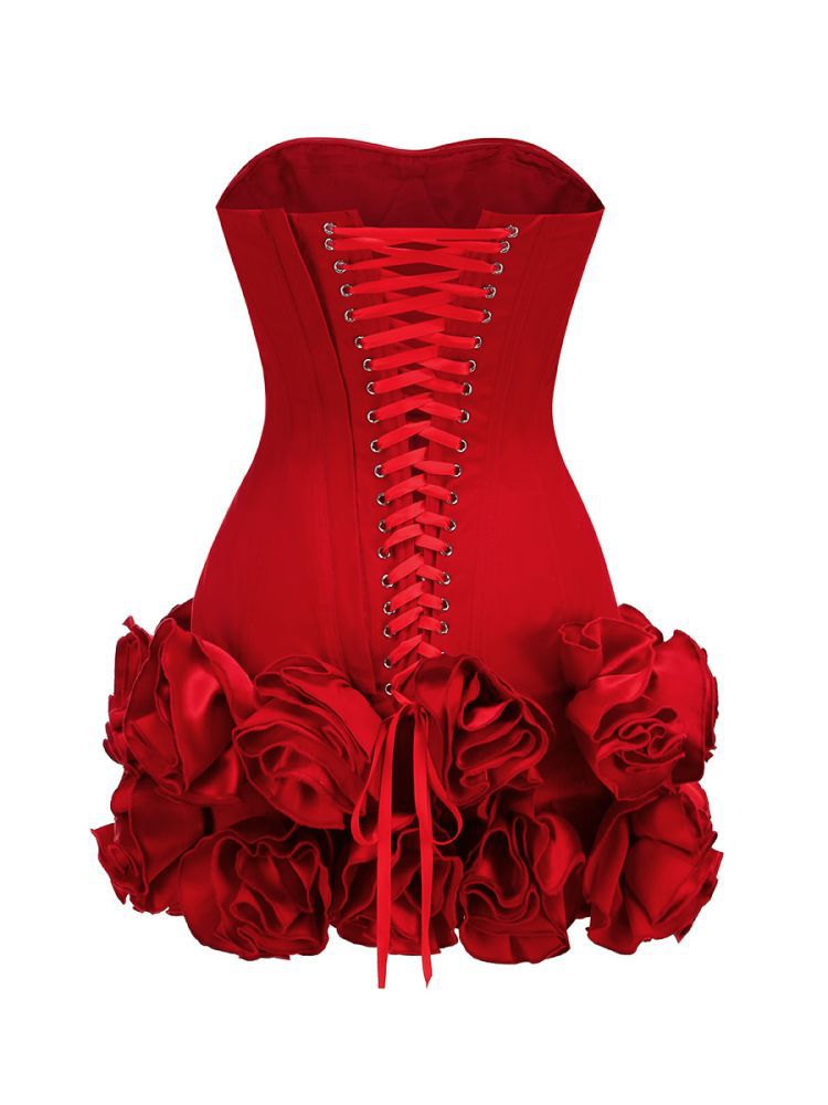 Strapless Red Floral Embellished Mini Dress