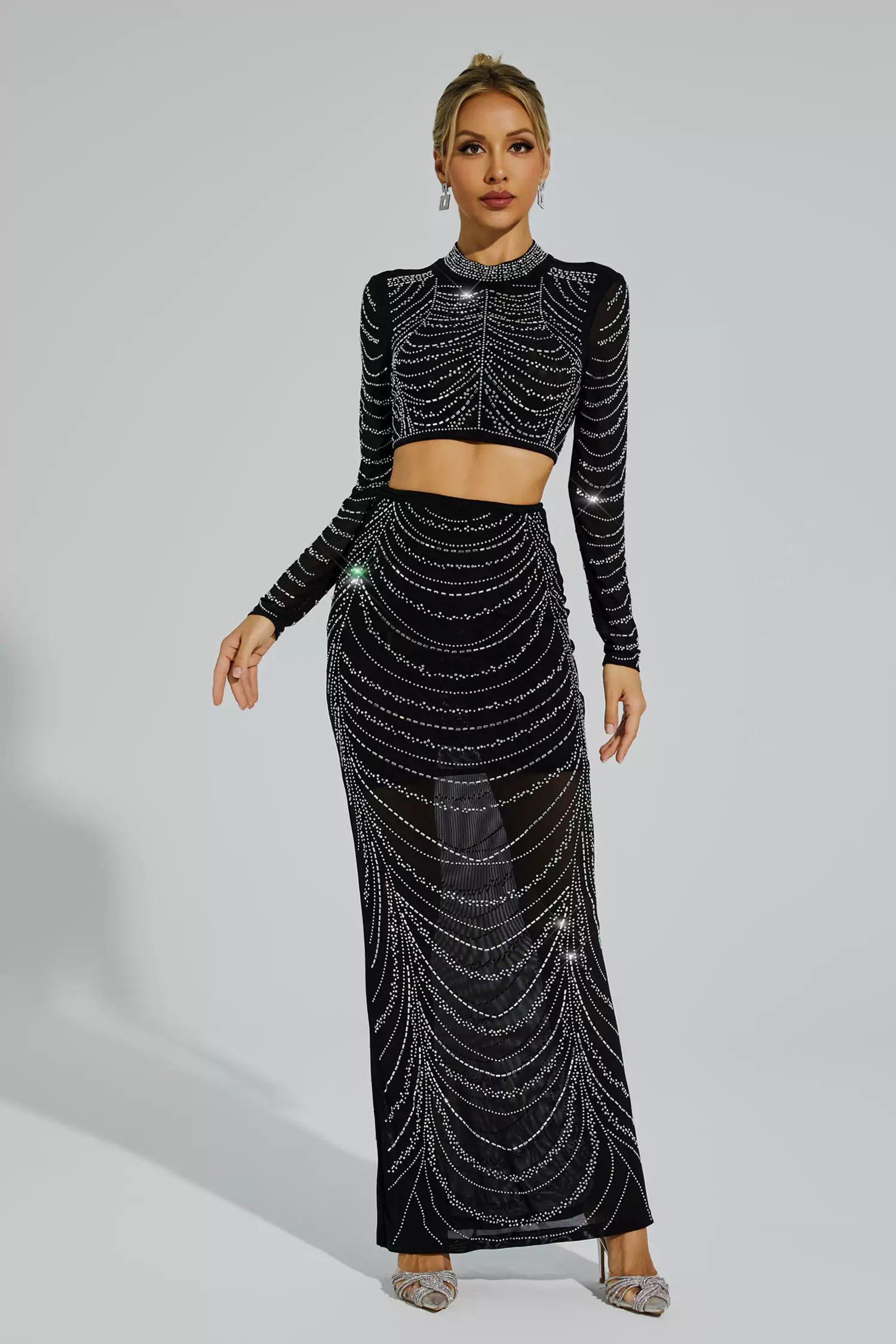 Chic Black Diamond Stamping Top and Skirt Set
