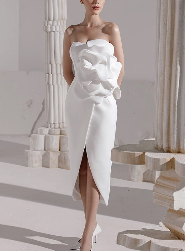 White Floral Strapless Dress with Elegant Embellishments