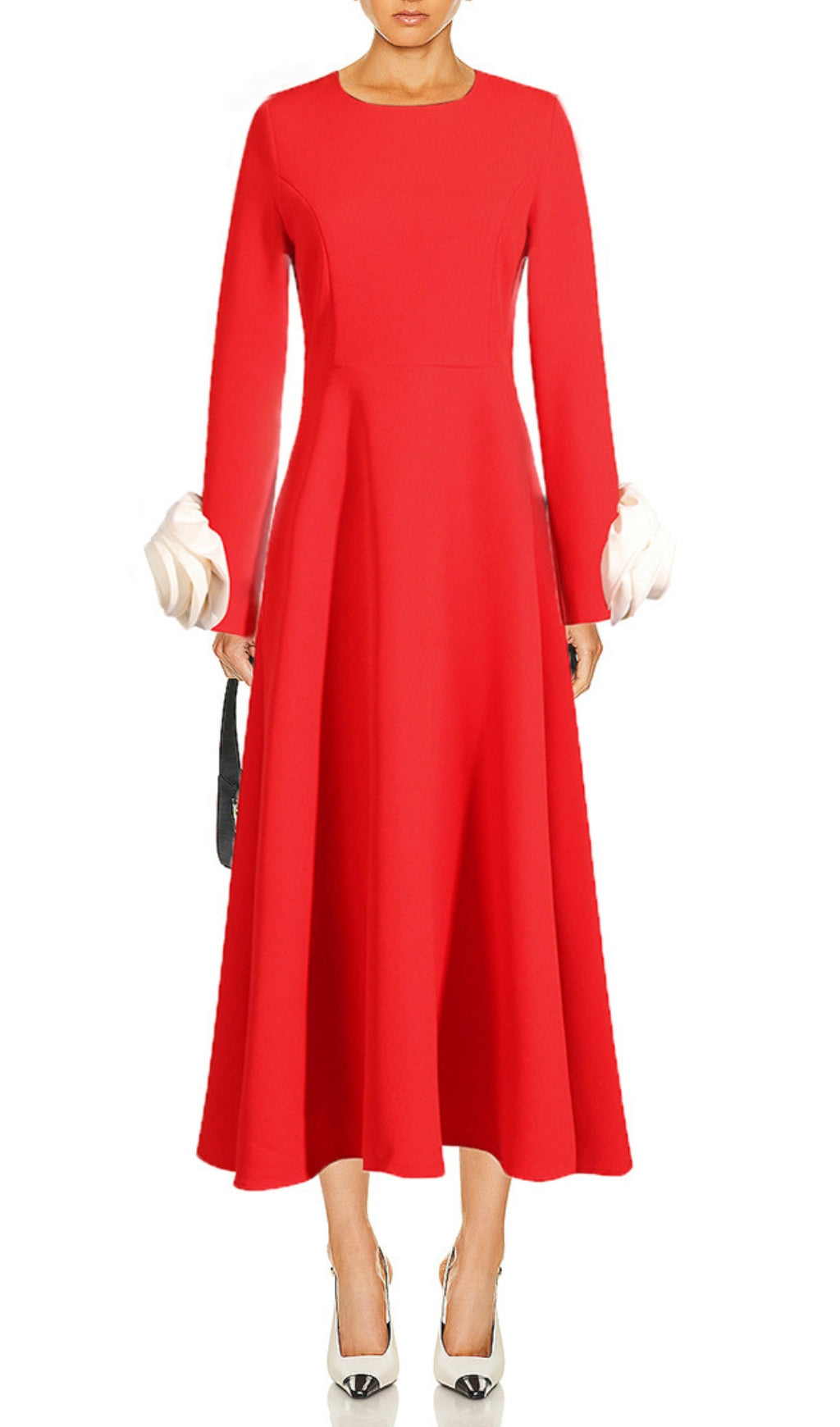 Red Floral Embellished Midi Dress - Elegant Statement Piece