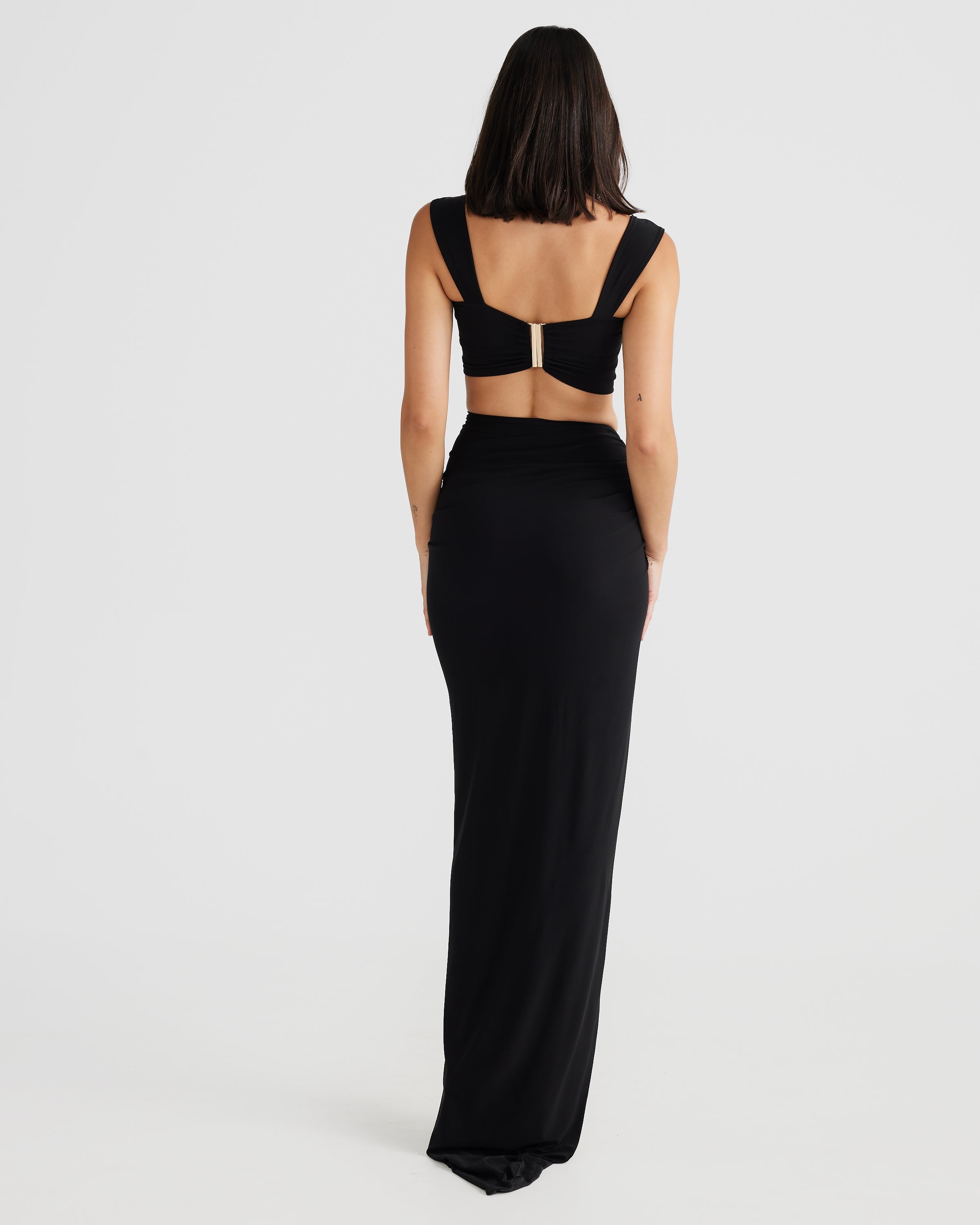 Black Strappy Pleated Slit Skirt Set with Gold Detailing