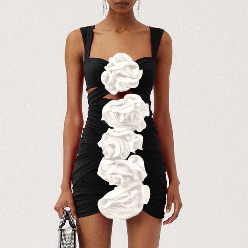 Black Floral 3D One-Piece Swimsuit with Skirt