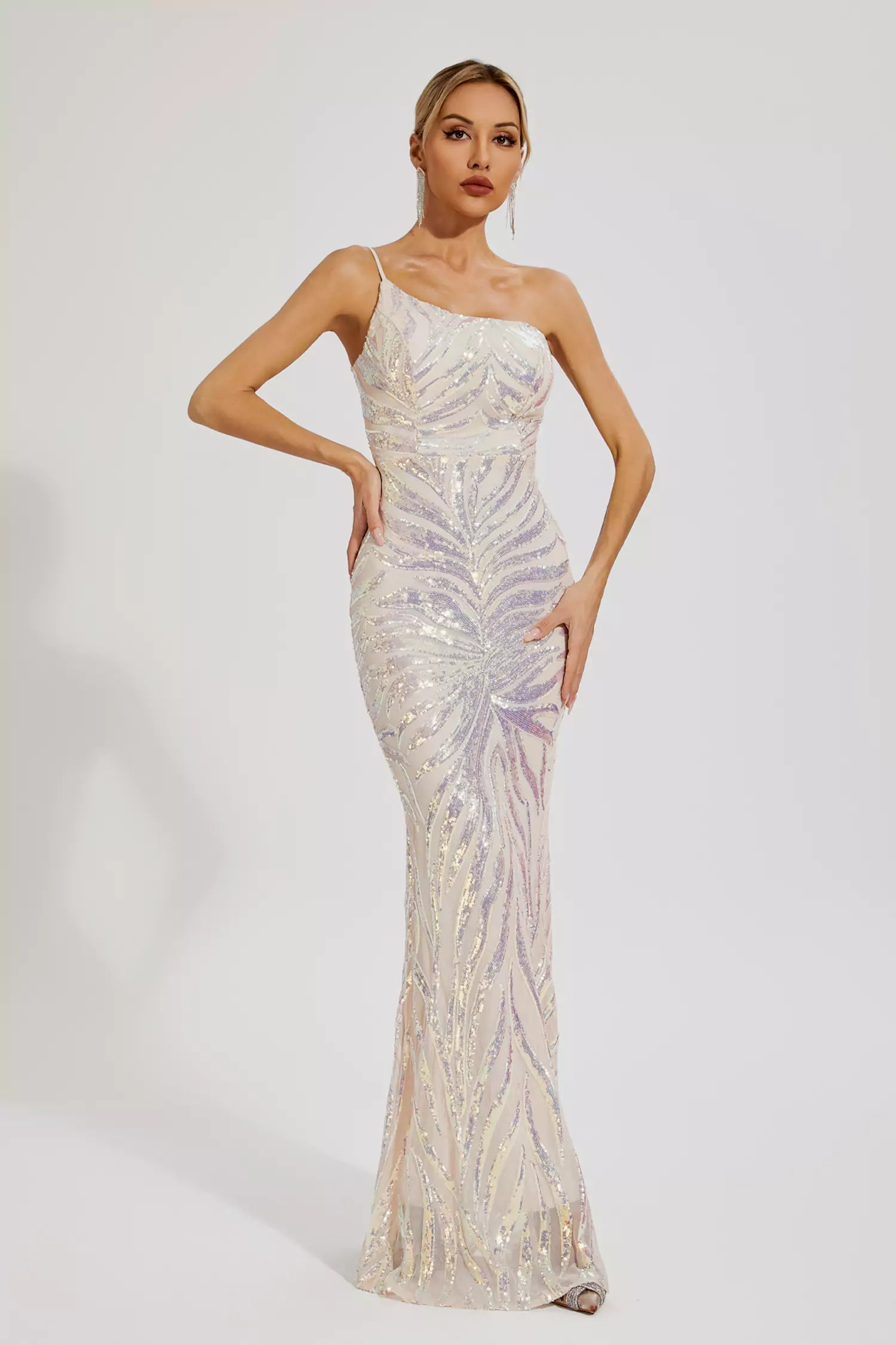 Apricot Sequin One-Shoulder Evening Dress - Elegant & Feminine
