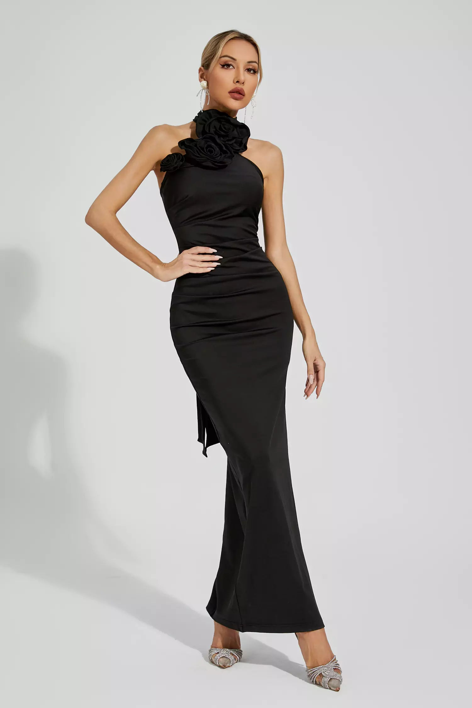 Black Ruched Halter Maxi Dress - Elegant Floral Print