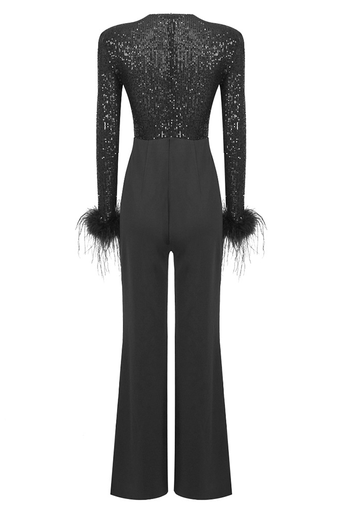 Sequin Feather Jumpsuit - Elegant Black Party Wear Outfit