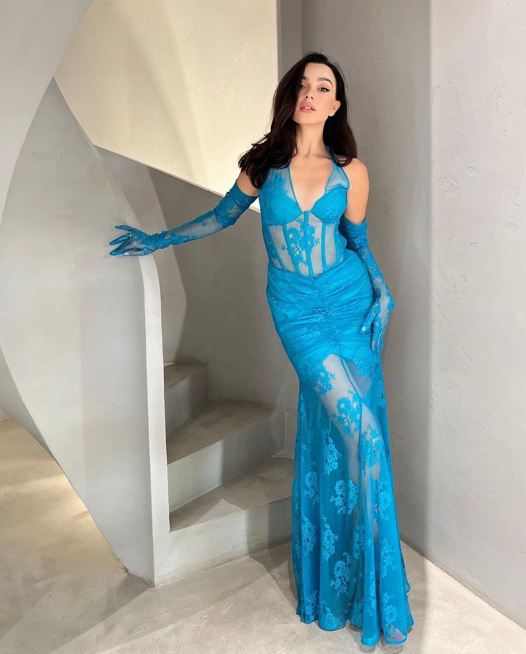 Blue Lace Halterneck Maxi Dress with Draped Skirt