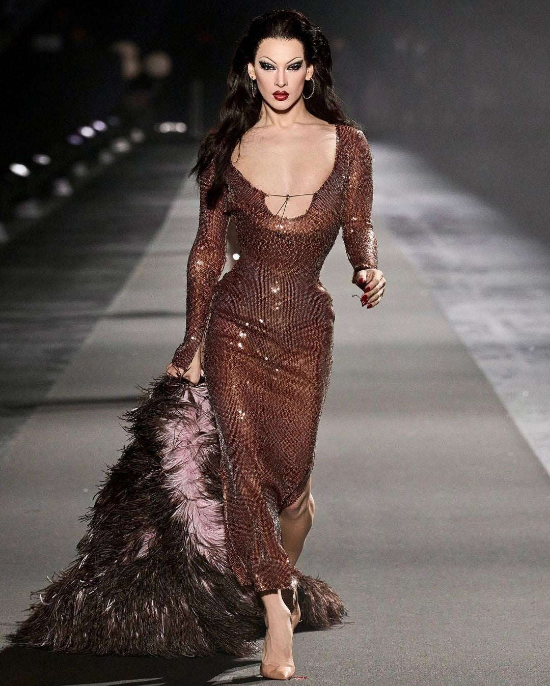 Brown Sequin Open-Back Maxi Dress