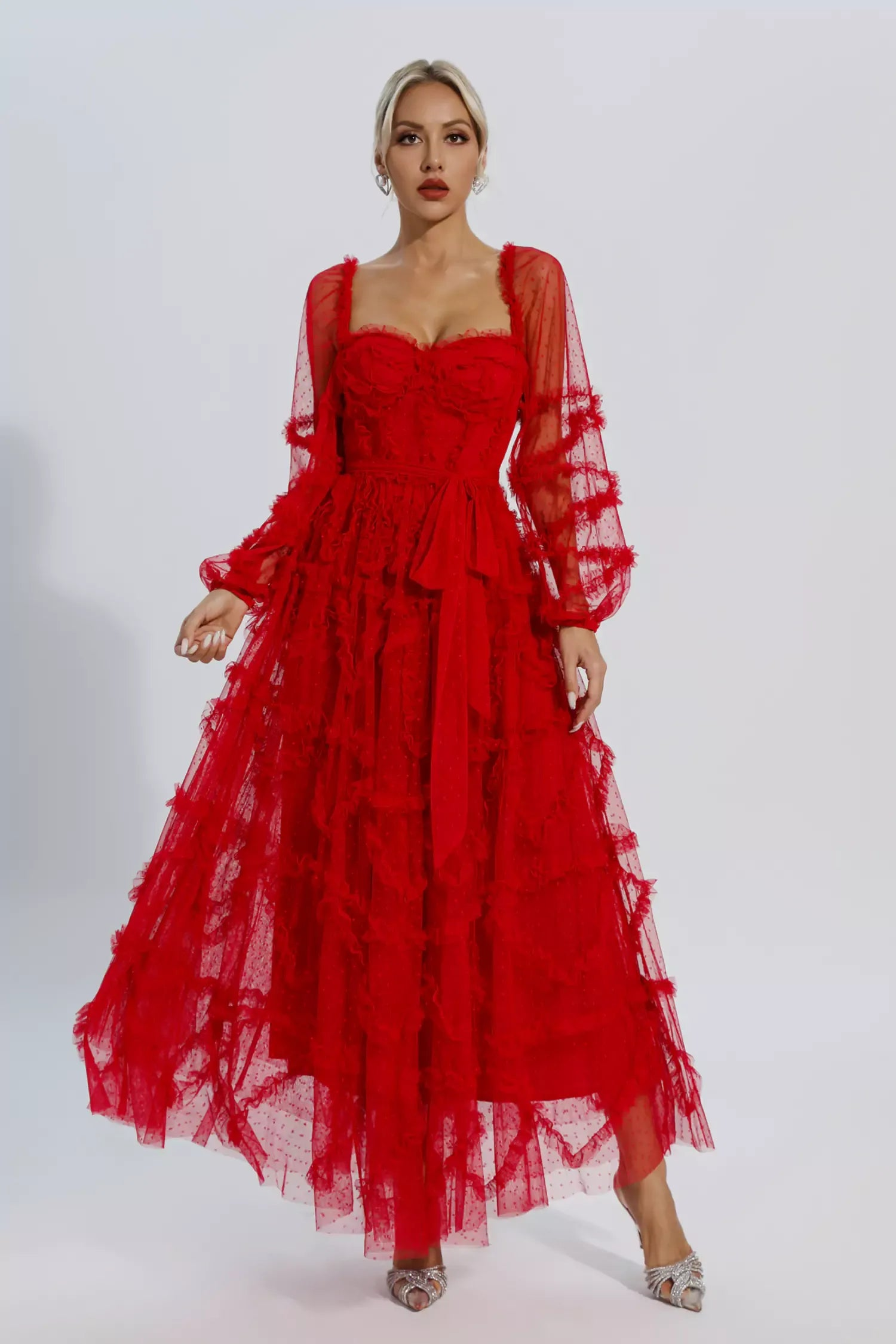 Red Mesh Bridesmaid Maxi Dress - Elegant Wedding Banquet Attire