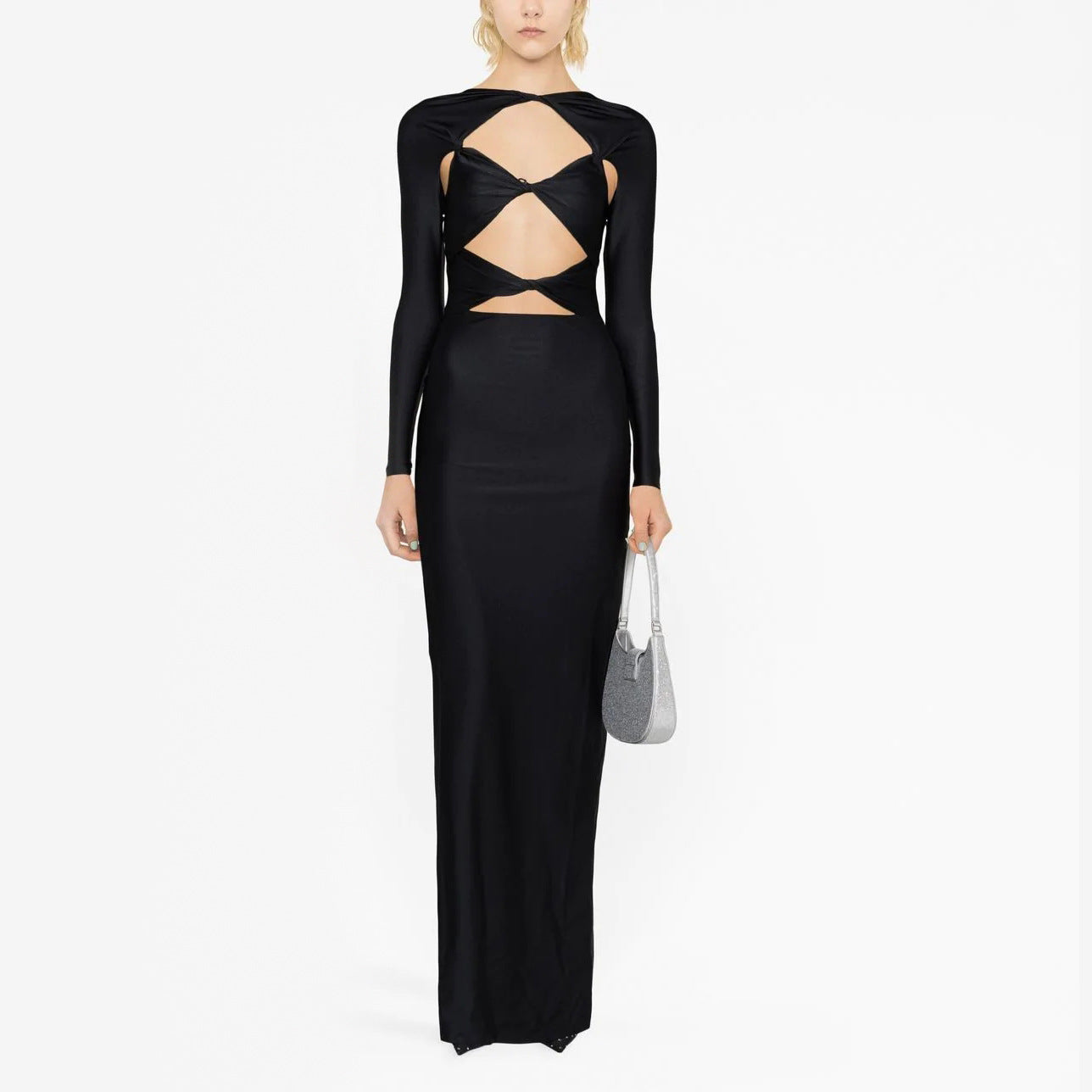 Black Glossy Stretch Jersey Cutout Maxi Dress