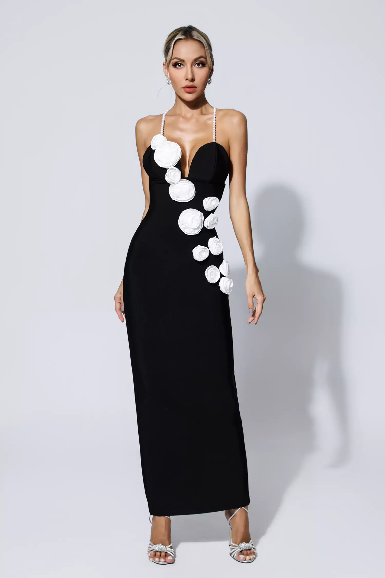 Black Floral Bandage Dress with Pearl Straps