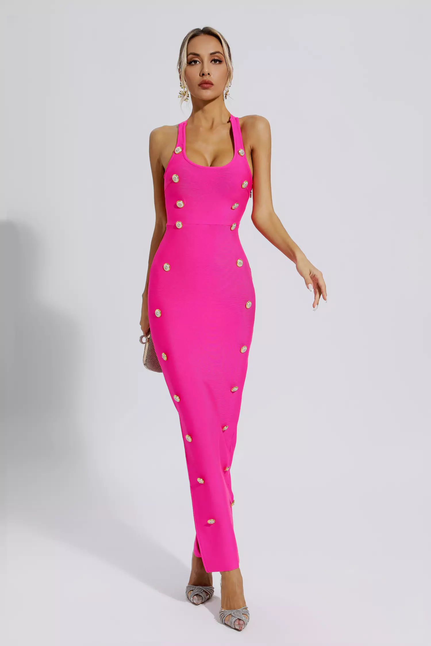Pink Button Embellished Bandage Maxi Dress - Elegant and Fashionable