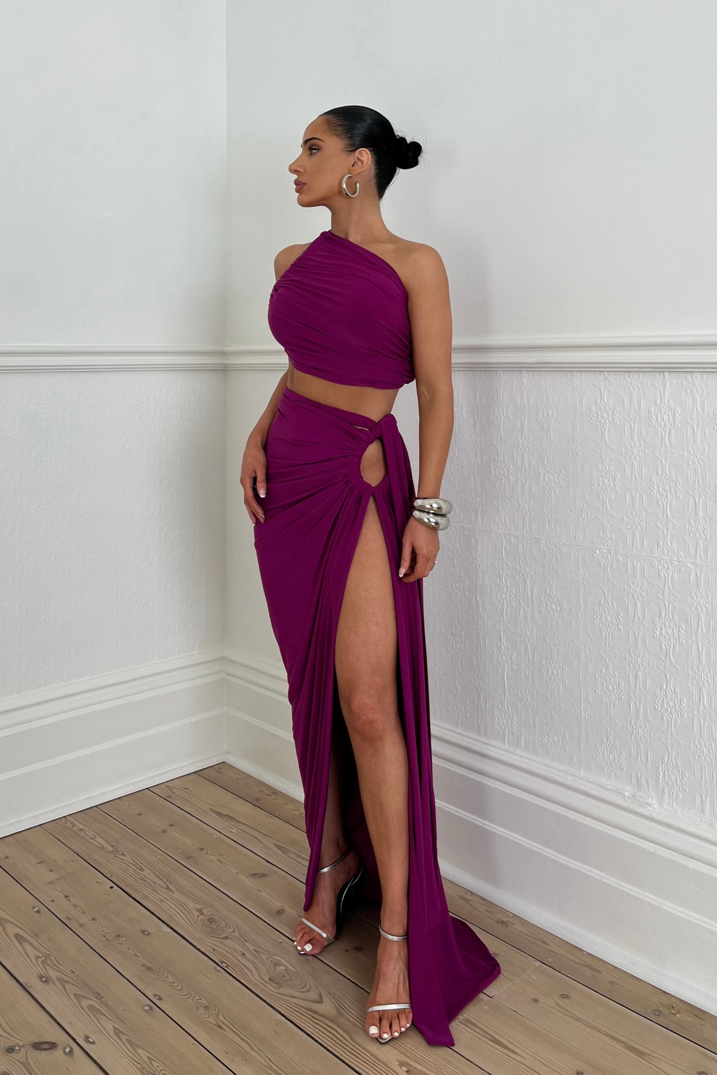 Pink Ruched Halter Top and High Slit Skirt Set - Labelle Collection