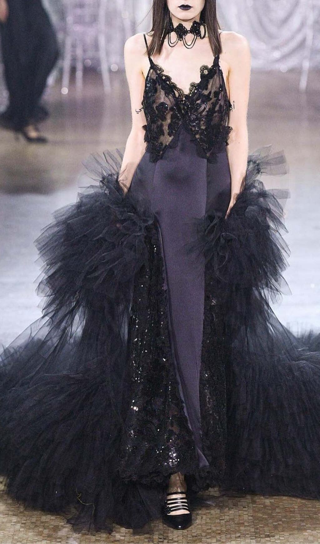 Black Ruffled Silk Satin Maxi Dress - Sequin Lace Design