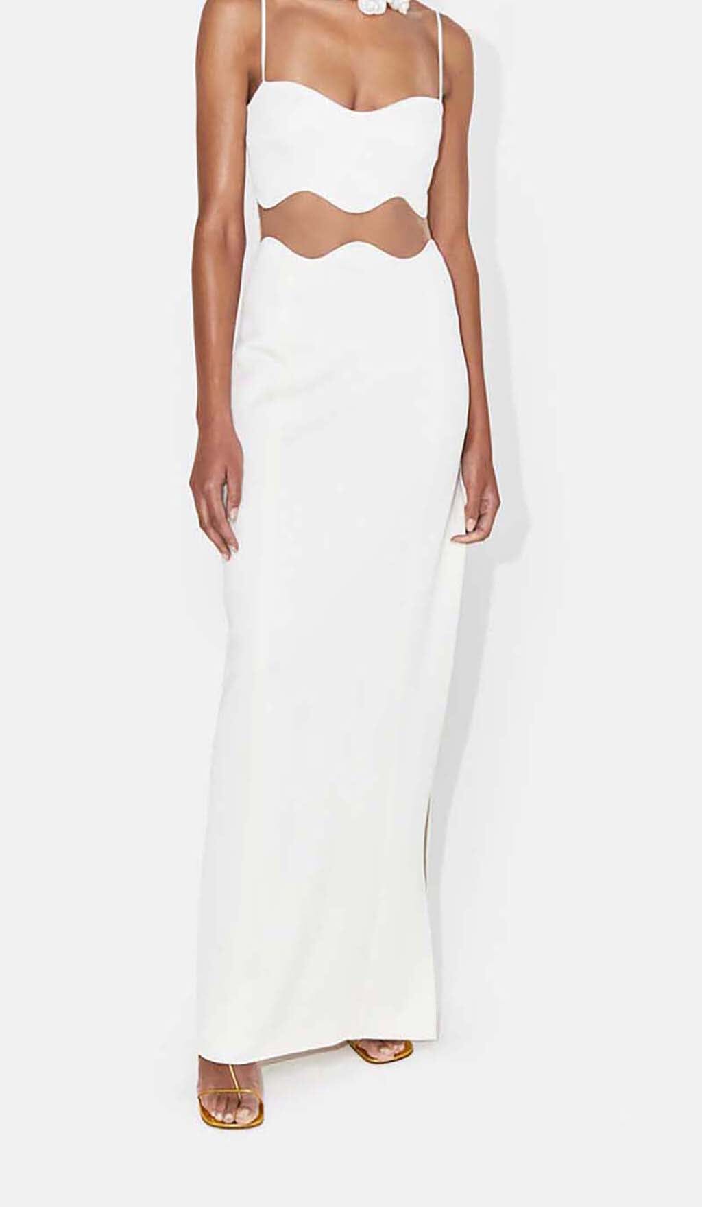 Elegant White Scalloped Mesh Insert Maxi Dress