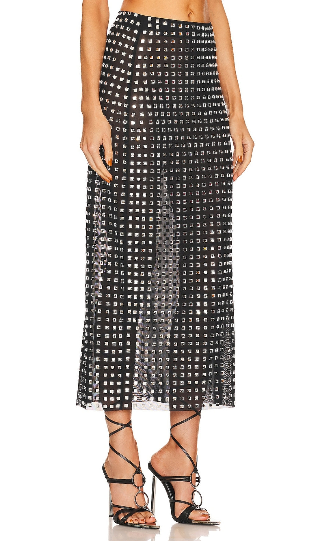 Black Embellished Mesh Split Skirt