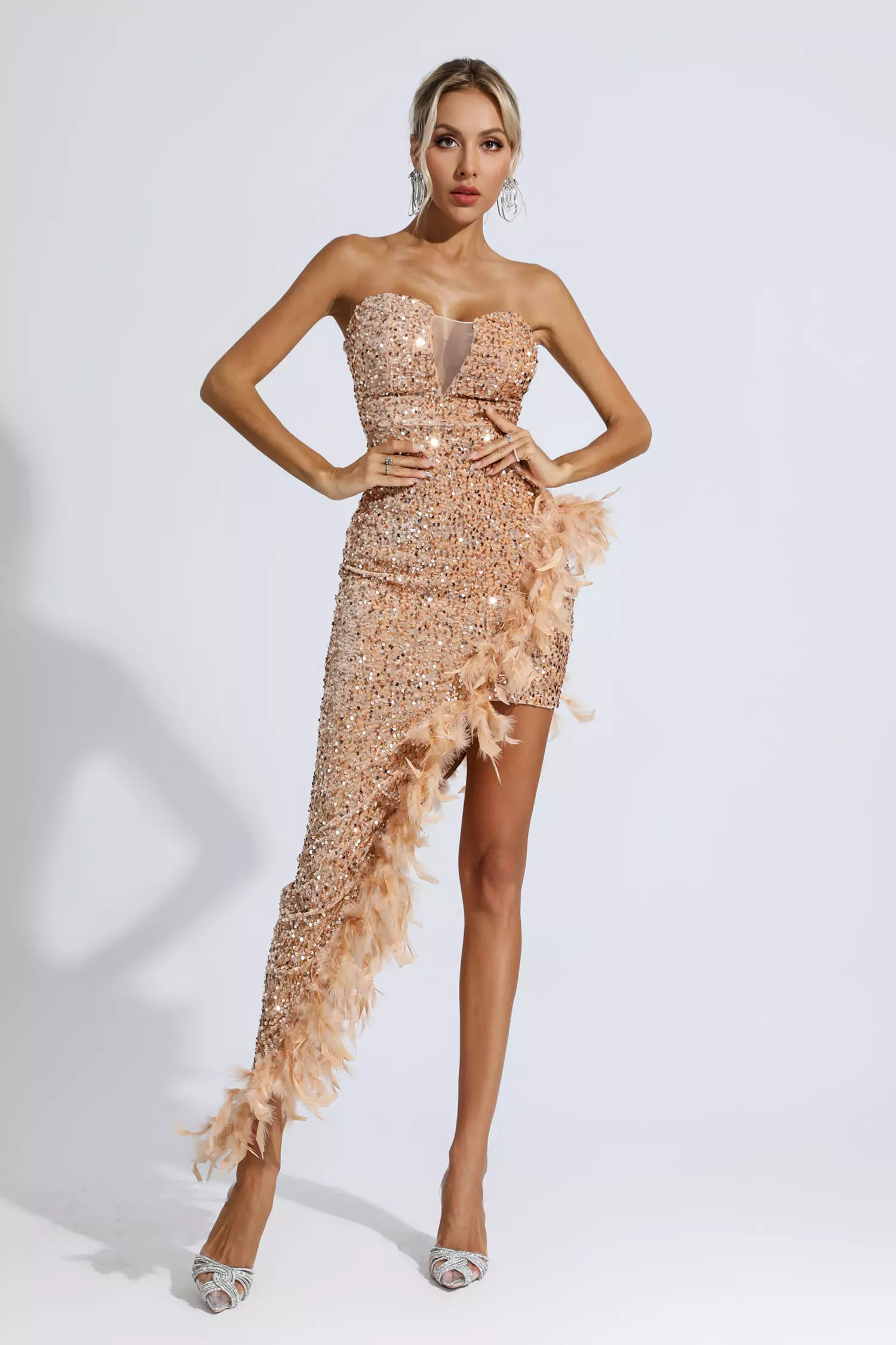 Emerald Sequin Strapless Maxi Dress with Feather Trim