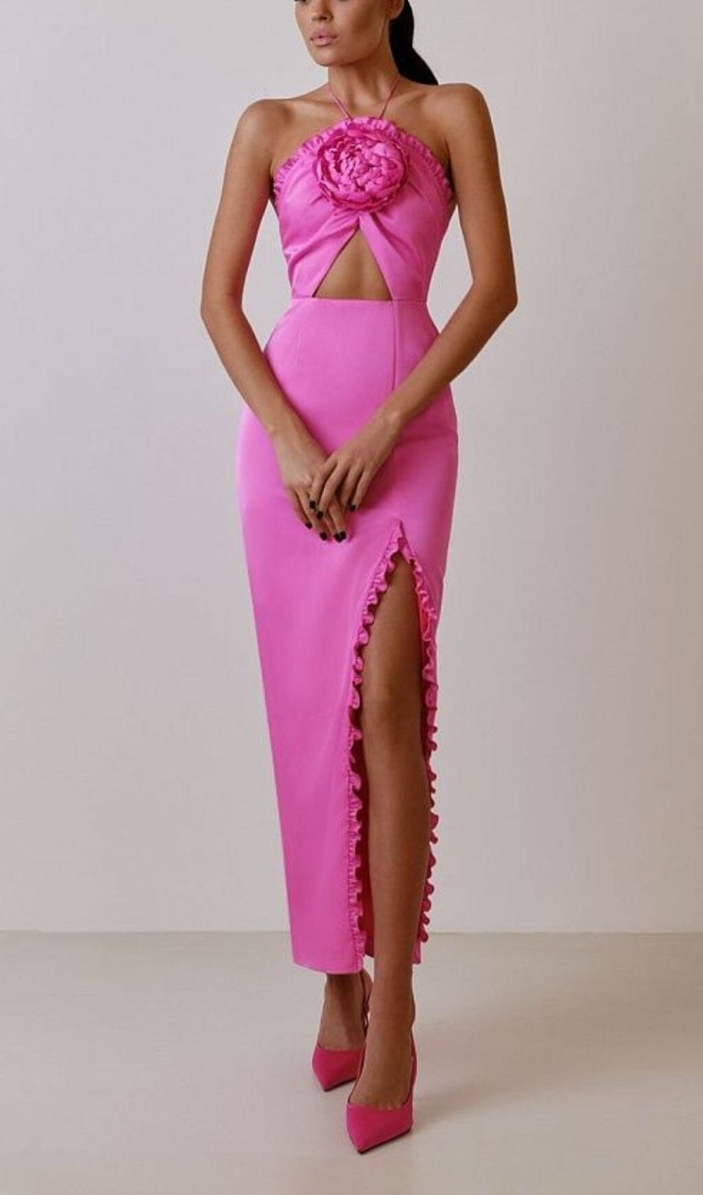 Pink Floral Embellished Slit Midi Dress - Garden Party Dream