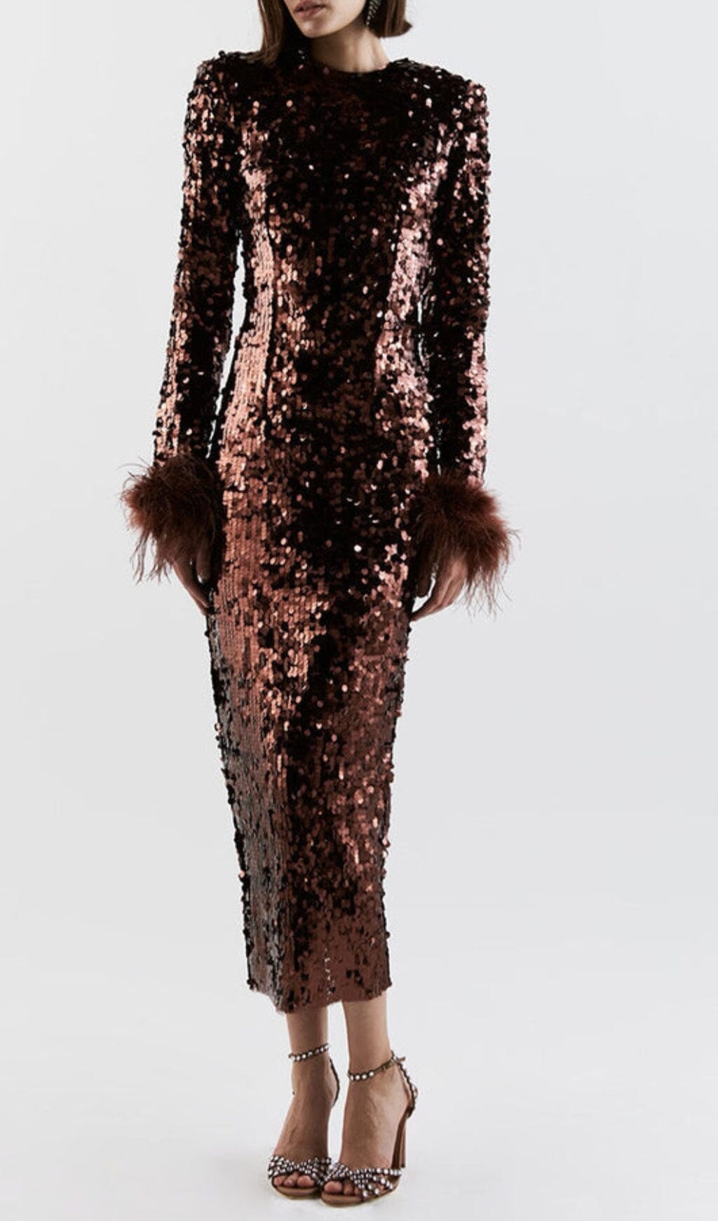 Brown Sequin Patchwork Plush Cuff Midi Dress