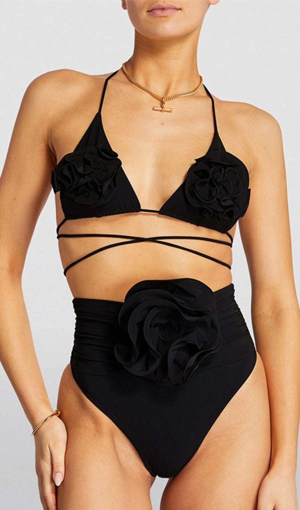 Black Floral Applique Triangle Bikini Set - Feminine Charm and Allure