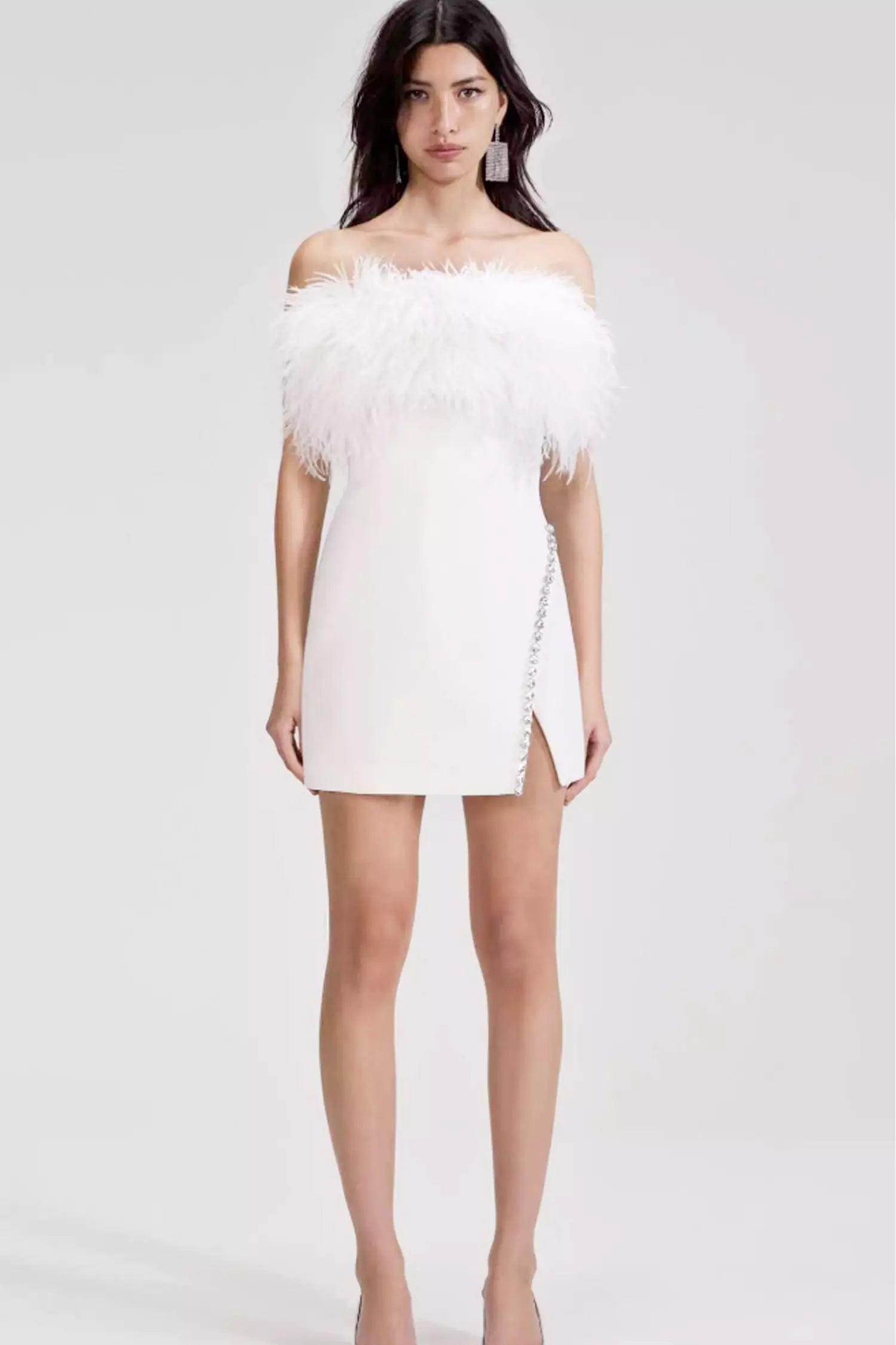 White Feather Off-Shoulder Mini Dress