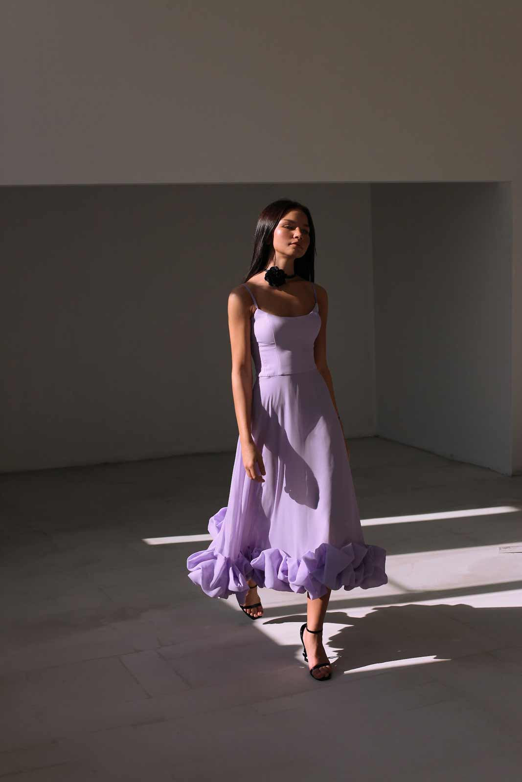 Lavender Flounce Bustier Midi Dress - Elegant Romantic Style