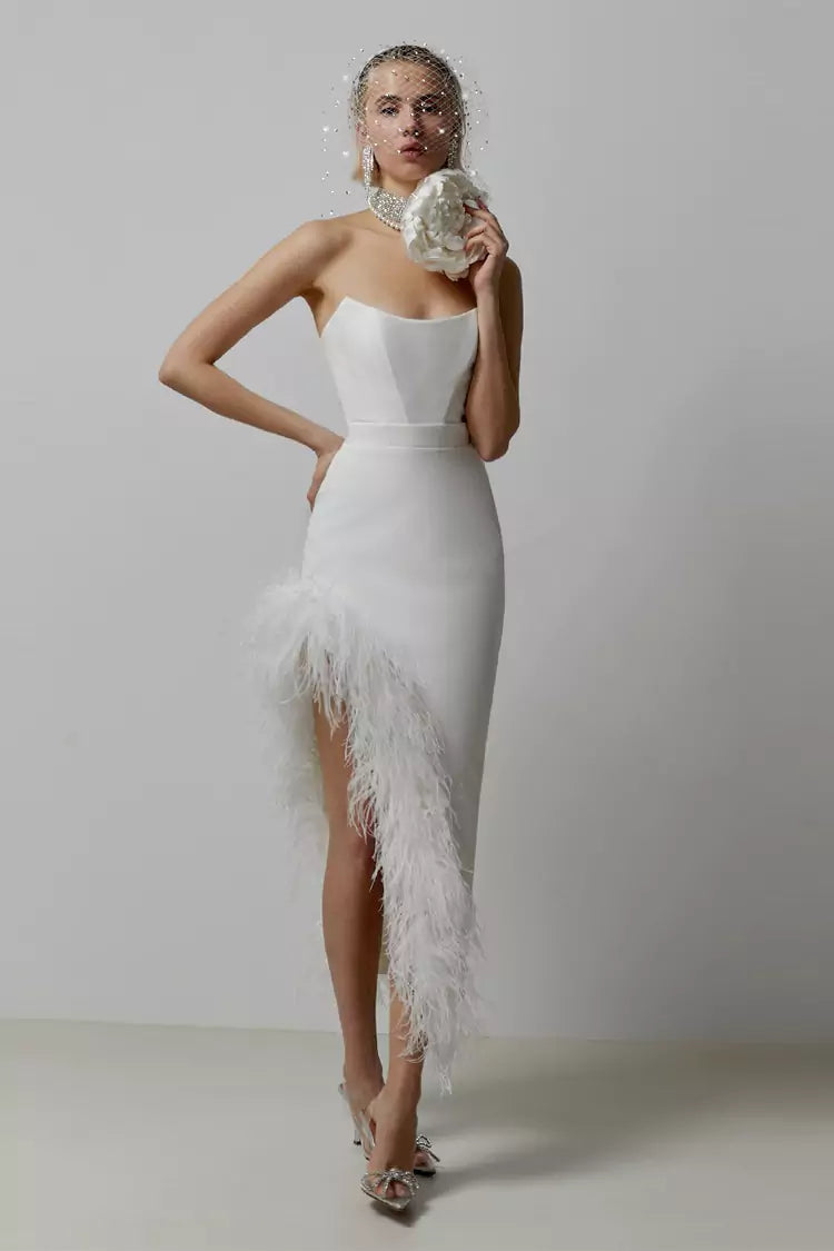 White Bandage Feather Strapless Dress