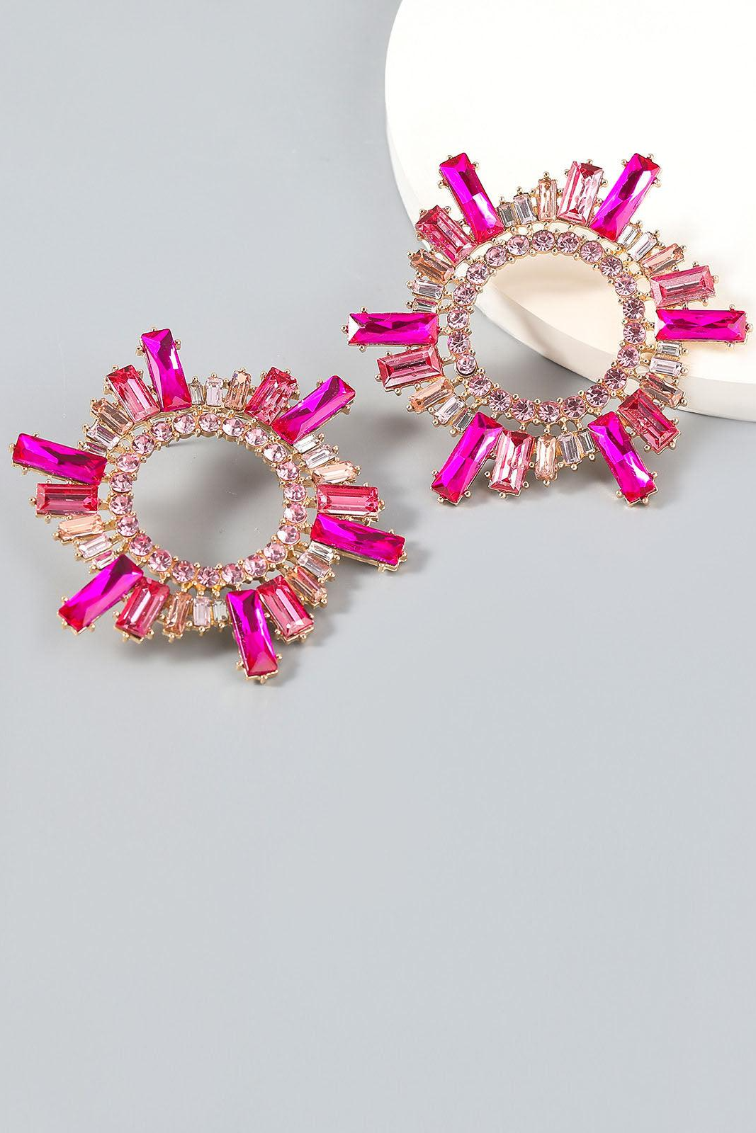 Crystal Hoop Earrings - Elegant Circle Design (Pink/Silver)