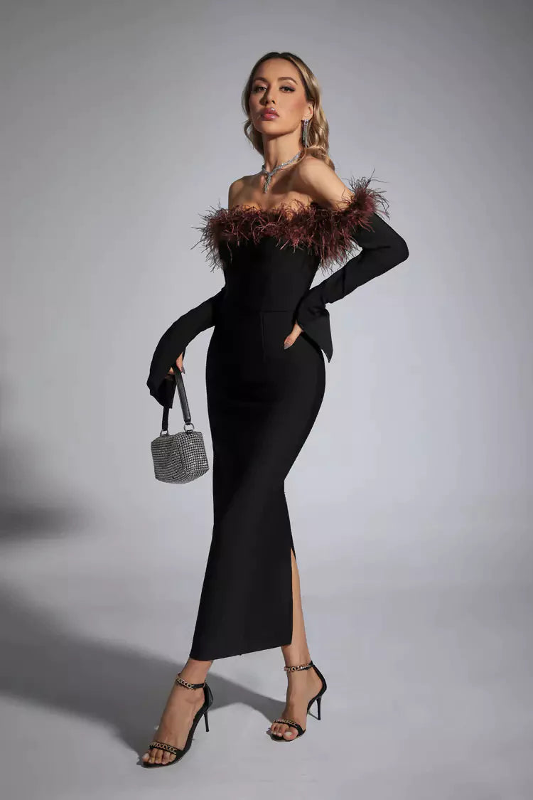 Black Feather Bandeau Fitted Knee-Length Dress