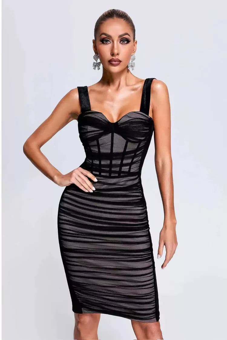 Black Mesh Velvet Midi Dress in Cornelia Style