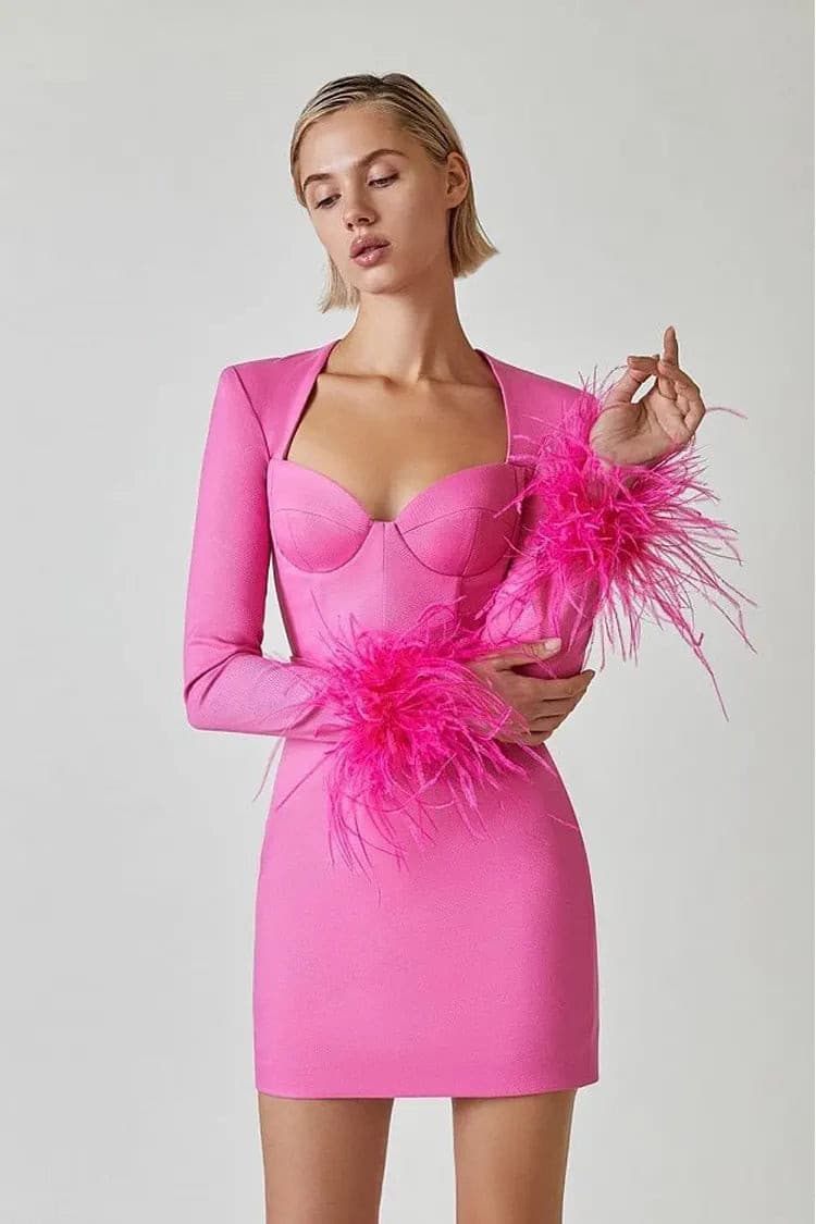 Pink Feather Bodycon Mini Dress - Elegant Sheath Style