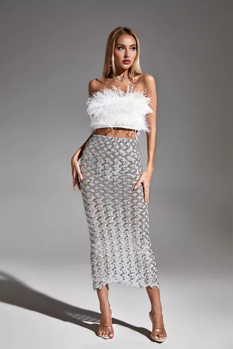 White Feather Sequin Bandage Dress Set - Festive Party Attire