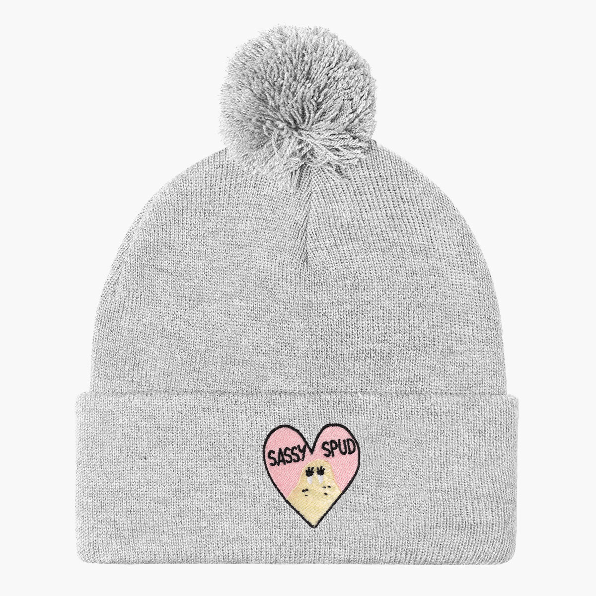 Embroidered Pom Pom Beanie - Cozy Winter Hat