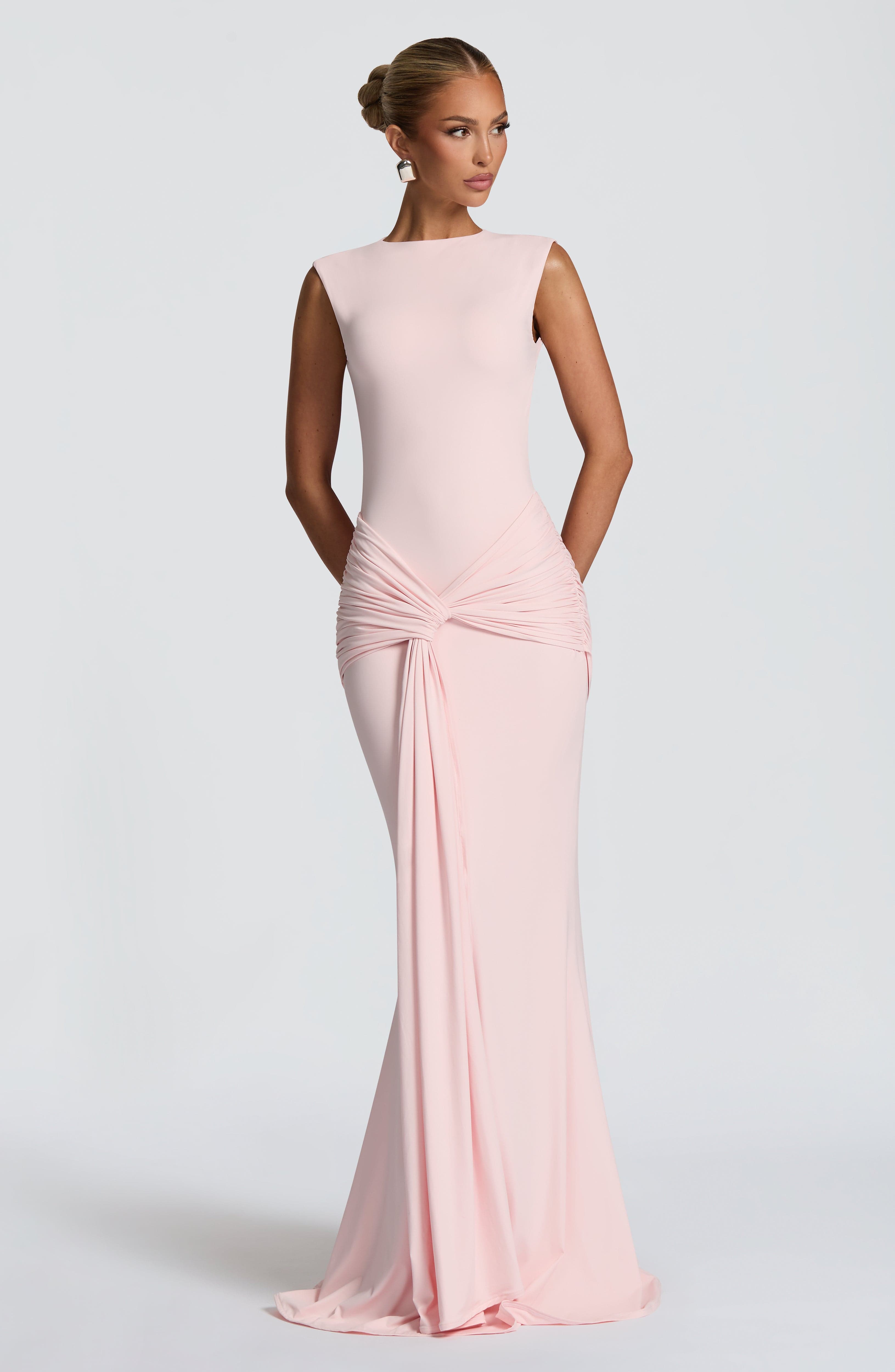 Blush Maxi Dress with High Neckline and Open Back