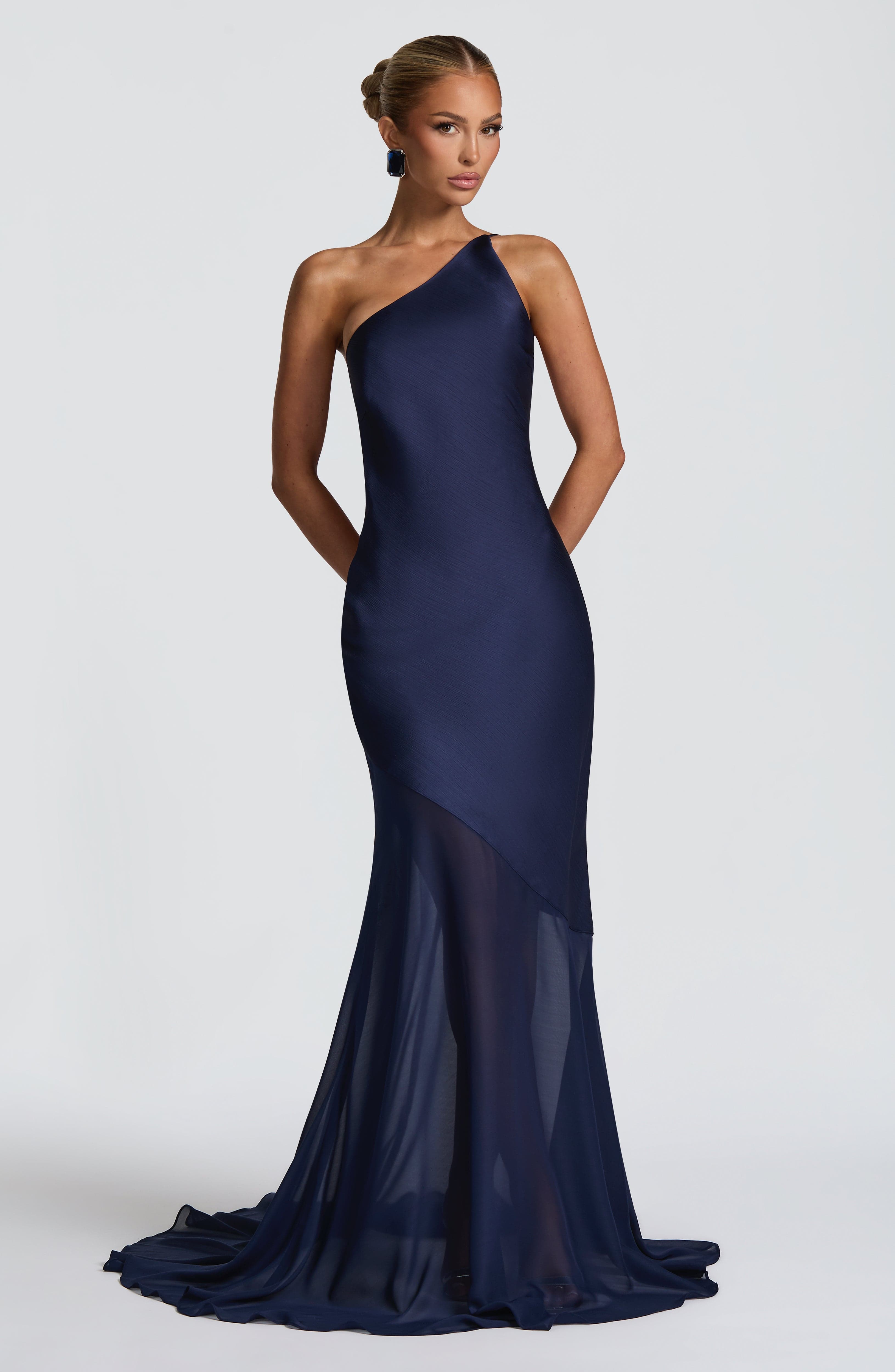 Navy Textured Satin Fable Gown with Chiffon Skirt - Elegant One-Shoulder Dress