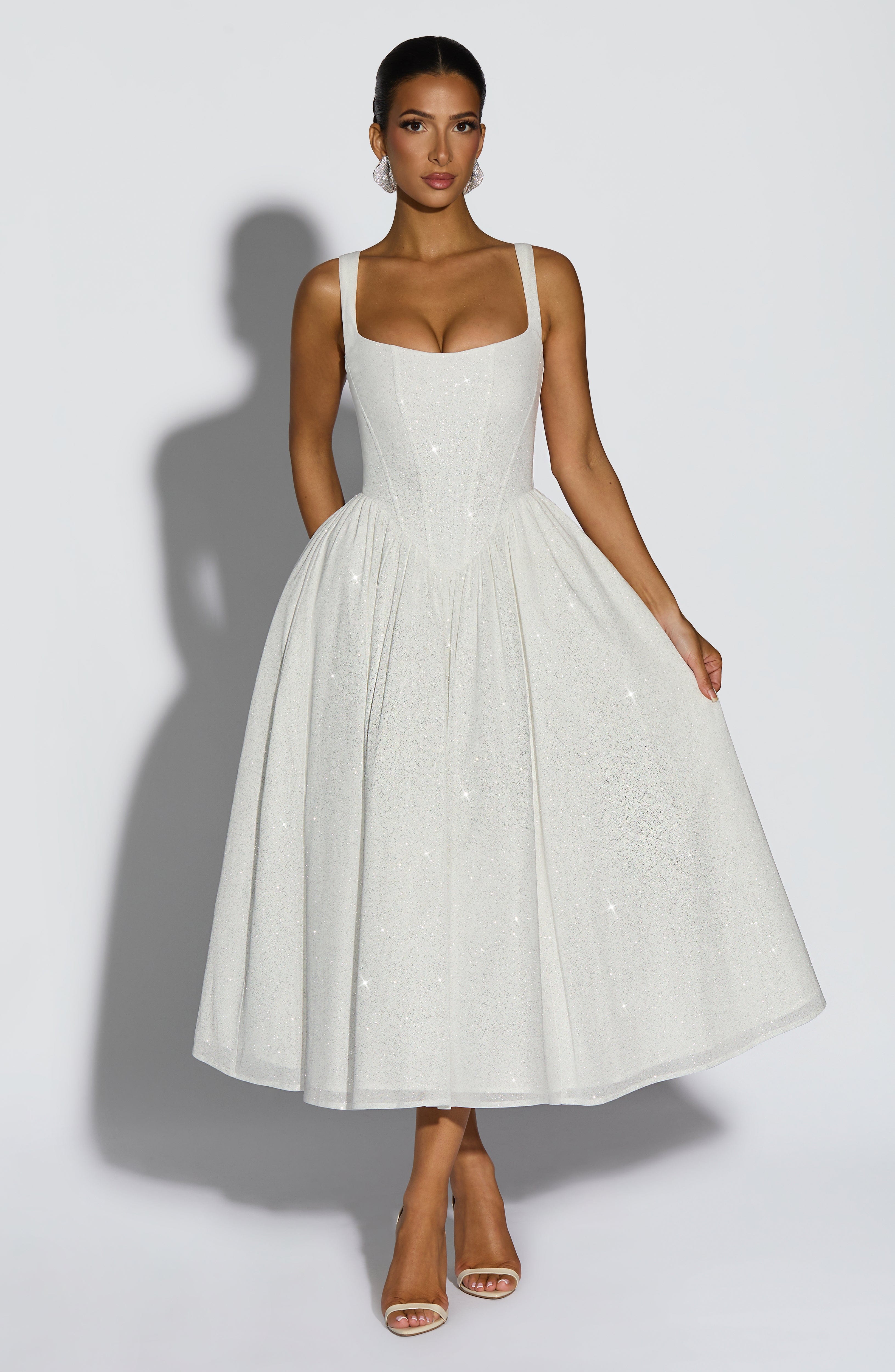 Elegant Ivory Sparkle Midi Dress with Corset Waist