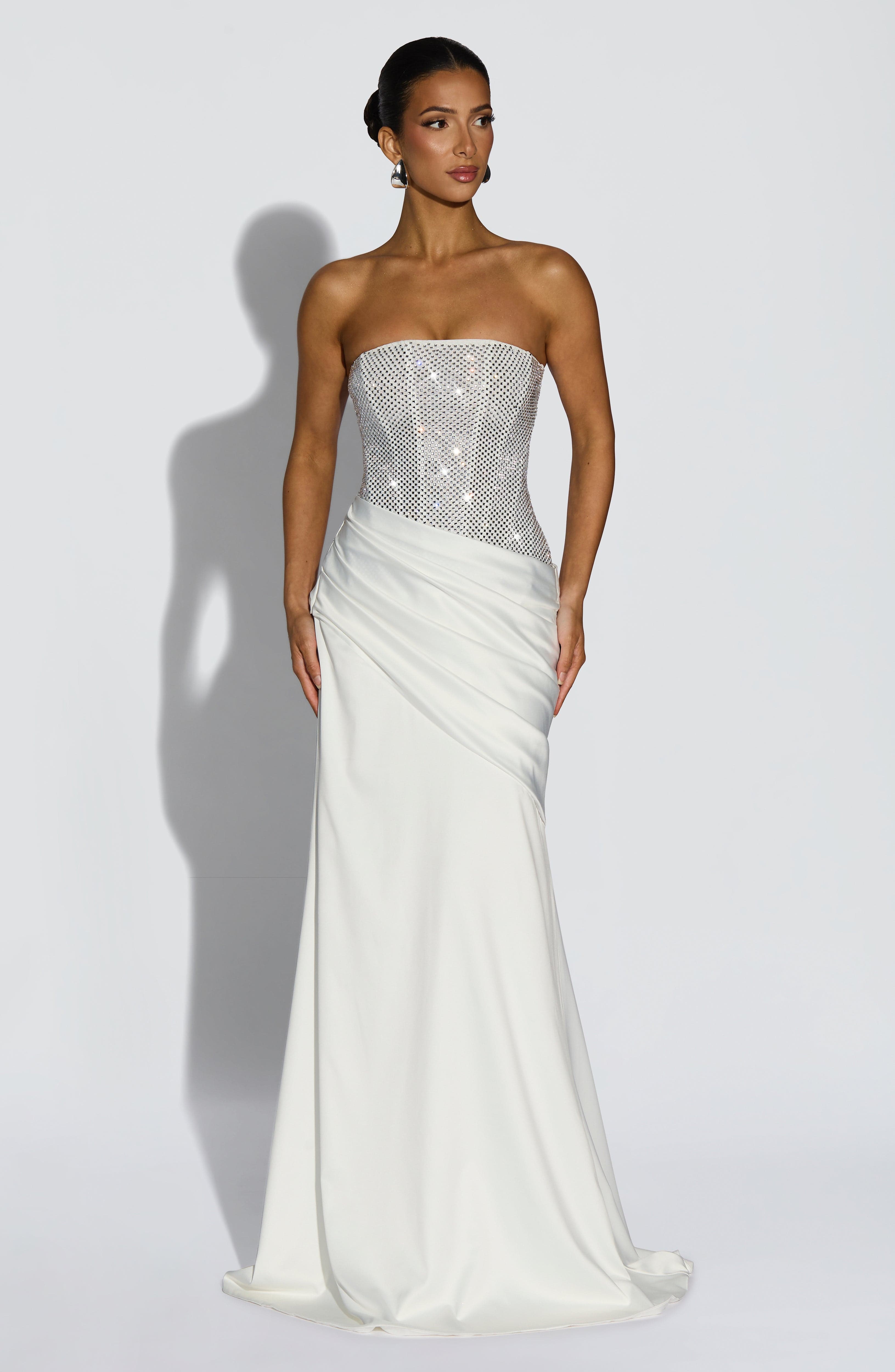 Ivory Strapless Corset Maxi Dress with Rhinestone Embellishments