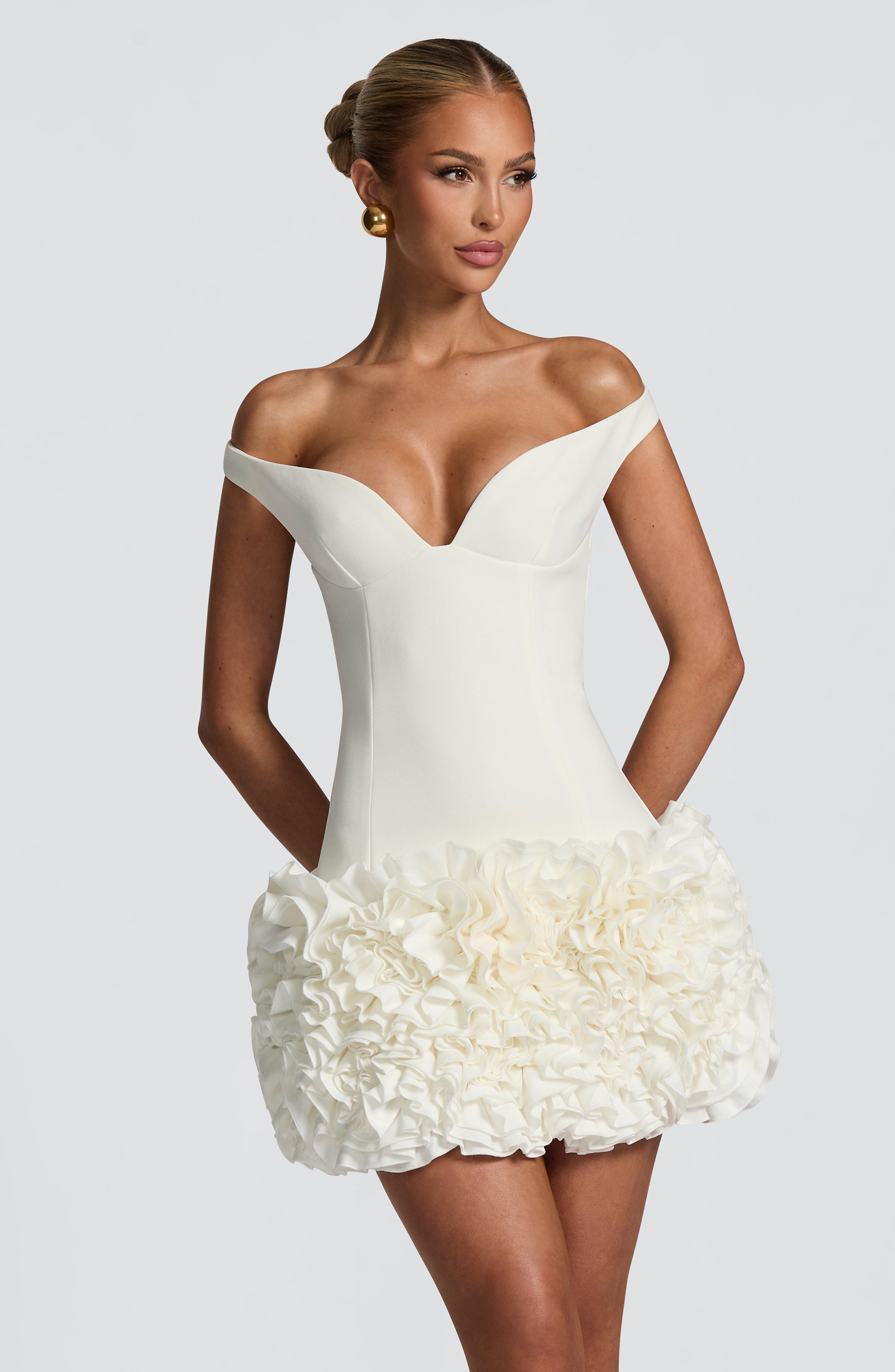 Ivory Crepe Mini Dress with Floral Satin Ruffle - Elegant Design