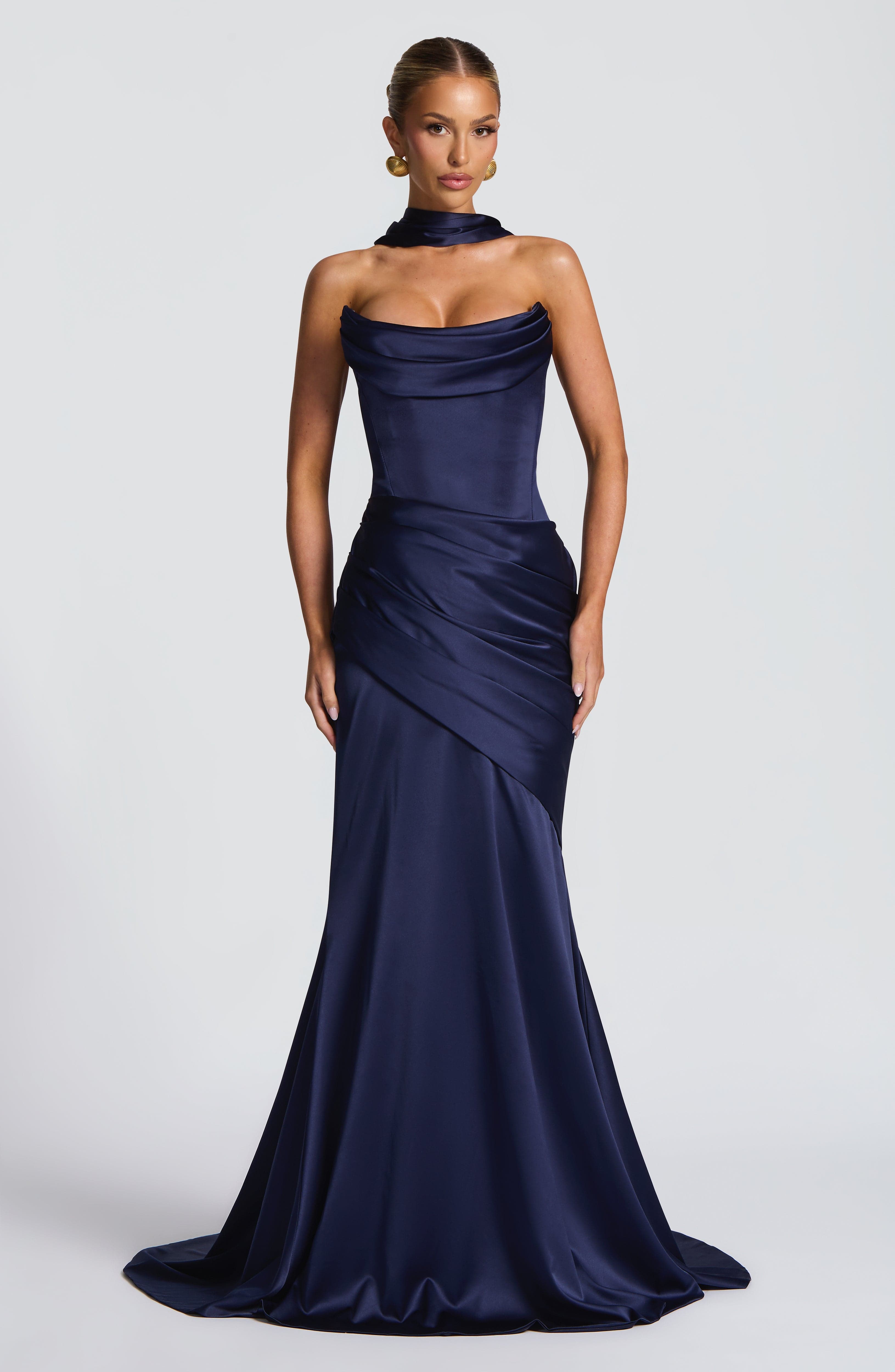 Navy Strapless Maxi Dress with Draped Panel and Train