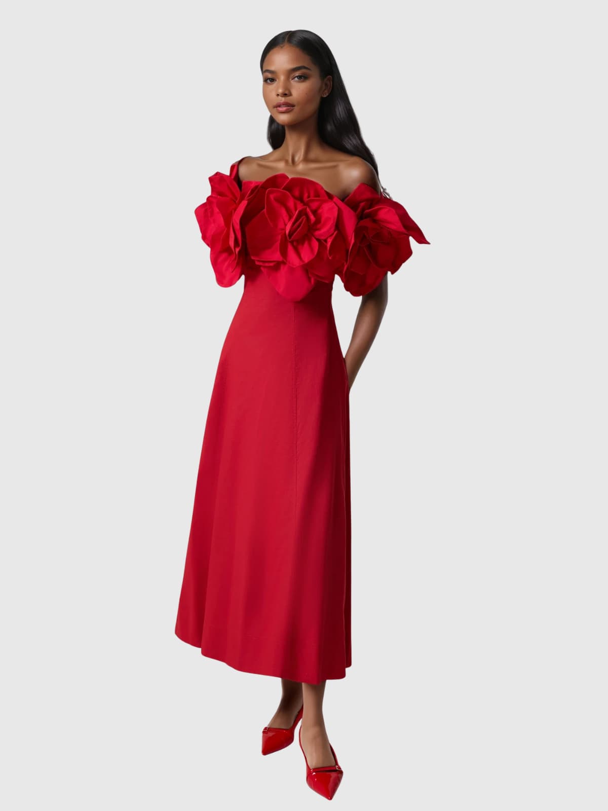 Floral Print Off Shoulder Mid-Length Dress