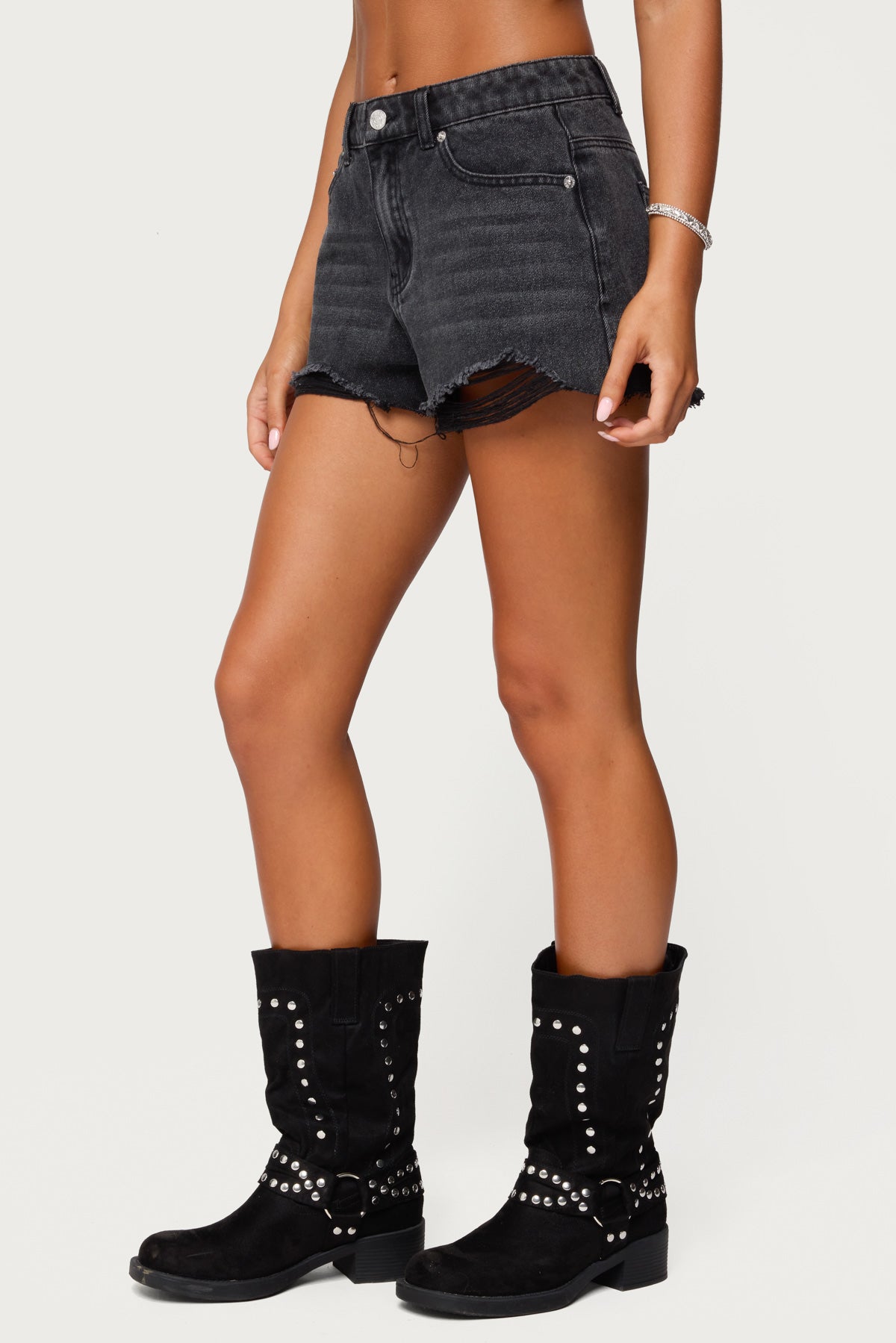 Black Mid Rise Denim Shorts Women