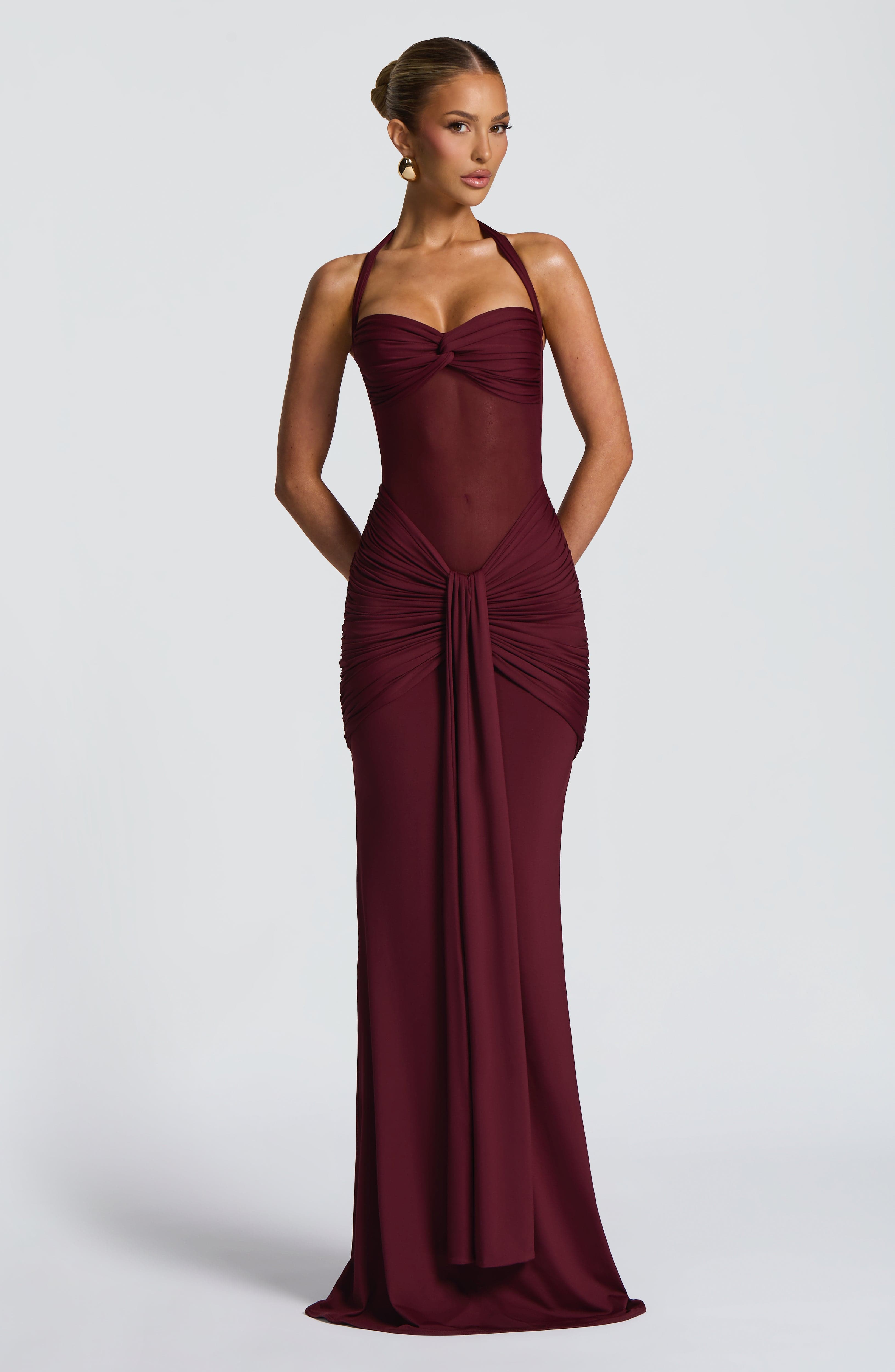Cherry Lacquer Fit-and-Flare Maxi Dress - Sheer Mesh & Jersey Fabric