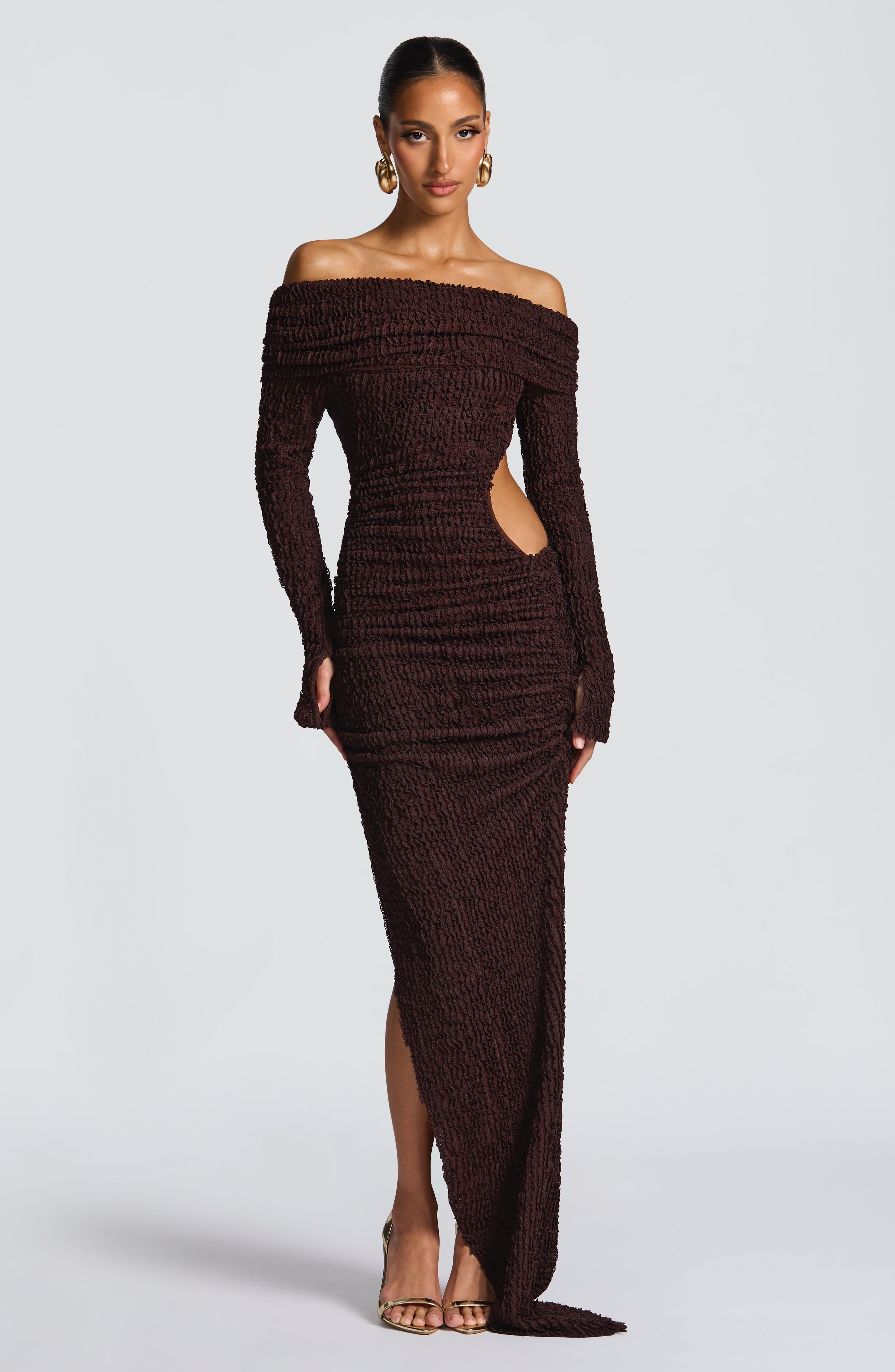Plum Brown Bardot Neckline Textured Midi Dress