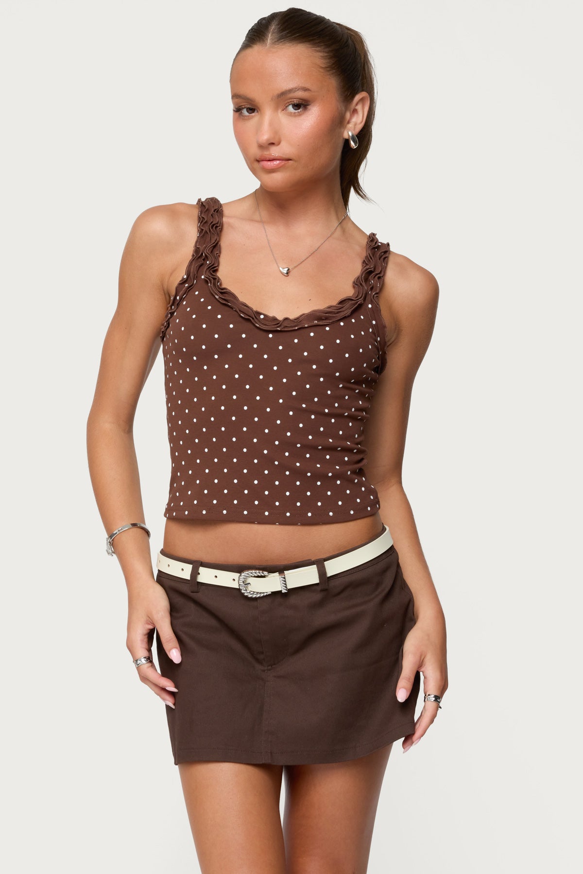 Brown Polka Dot Ruffle Tank Top