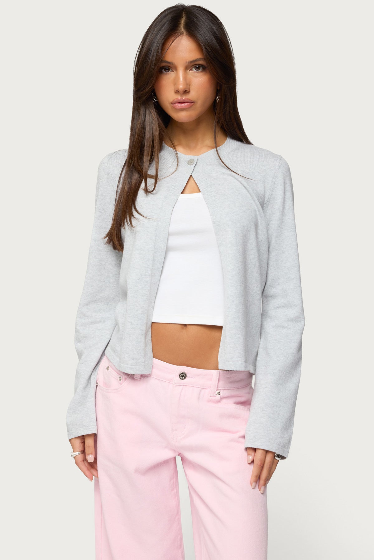 Gray Melange Knit Cardigan with Split Front Design