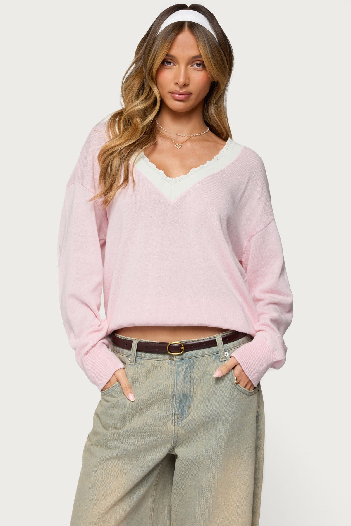 Light Pink V-Neck Lace Trim Knit Cotton Sweater